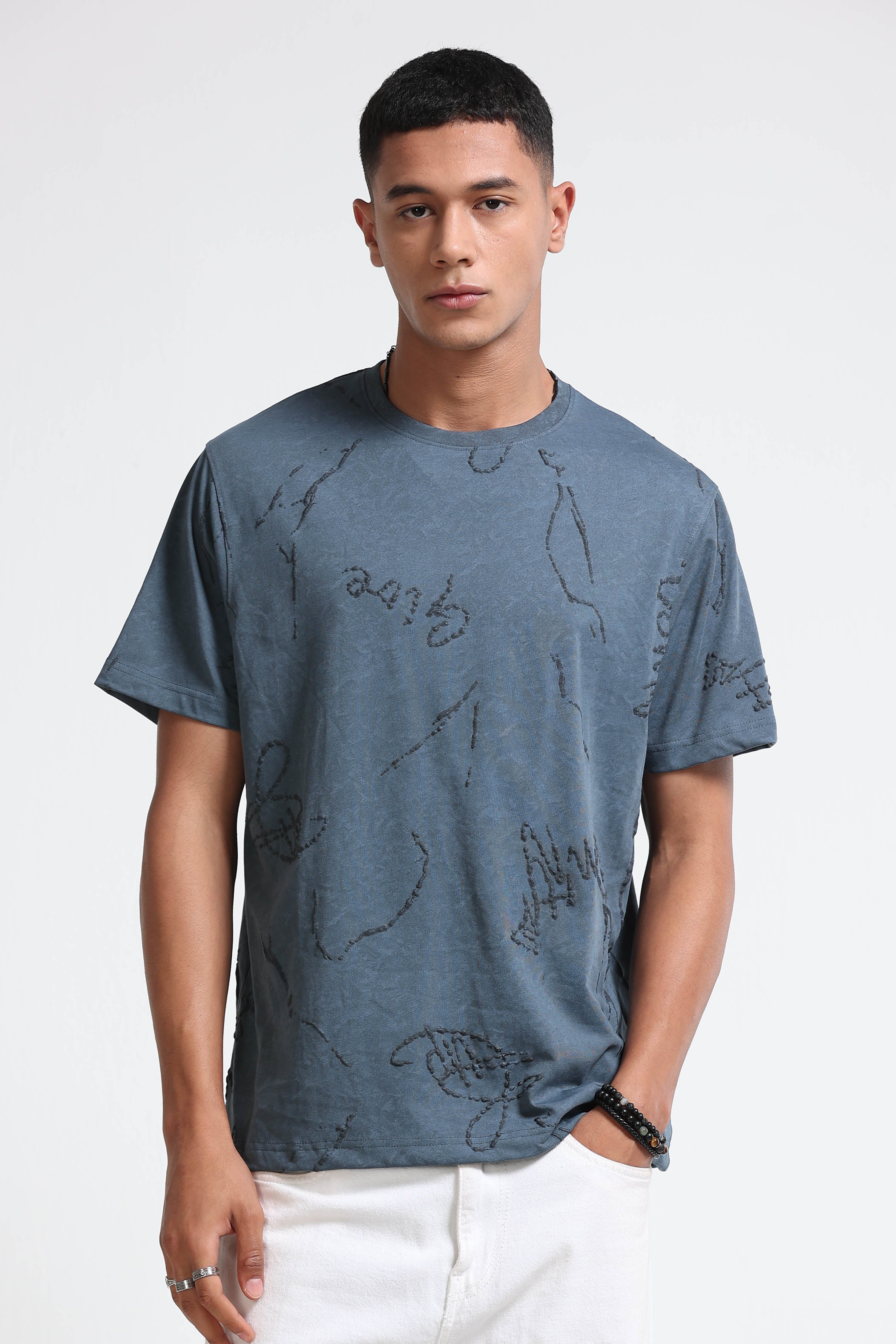 Men Blue Relaxed Fit Denim T-Shirt