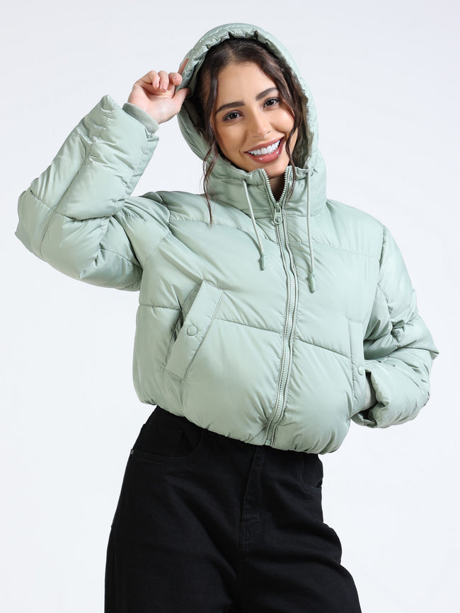 Women Green Hooded Puffer Jacket
