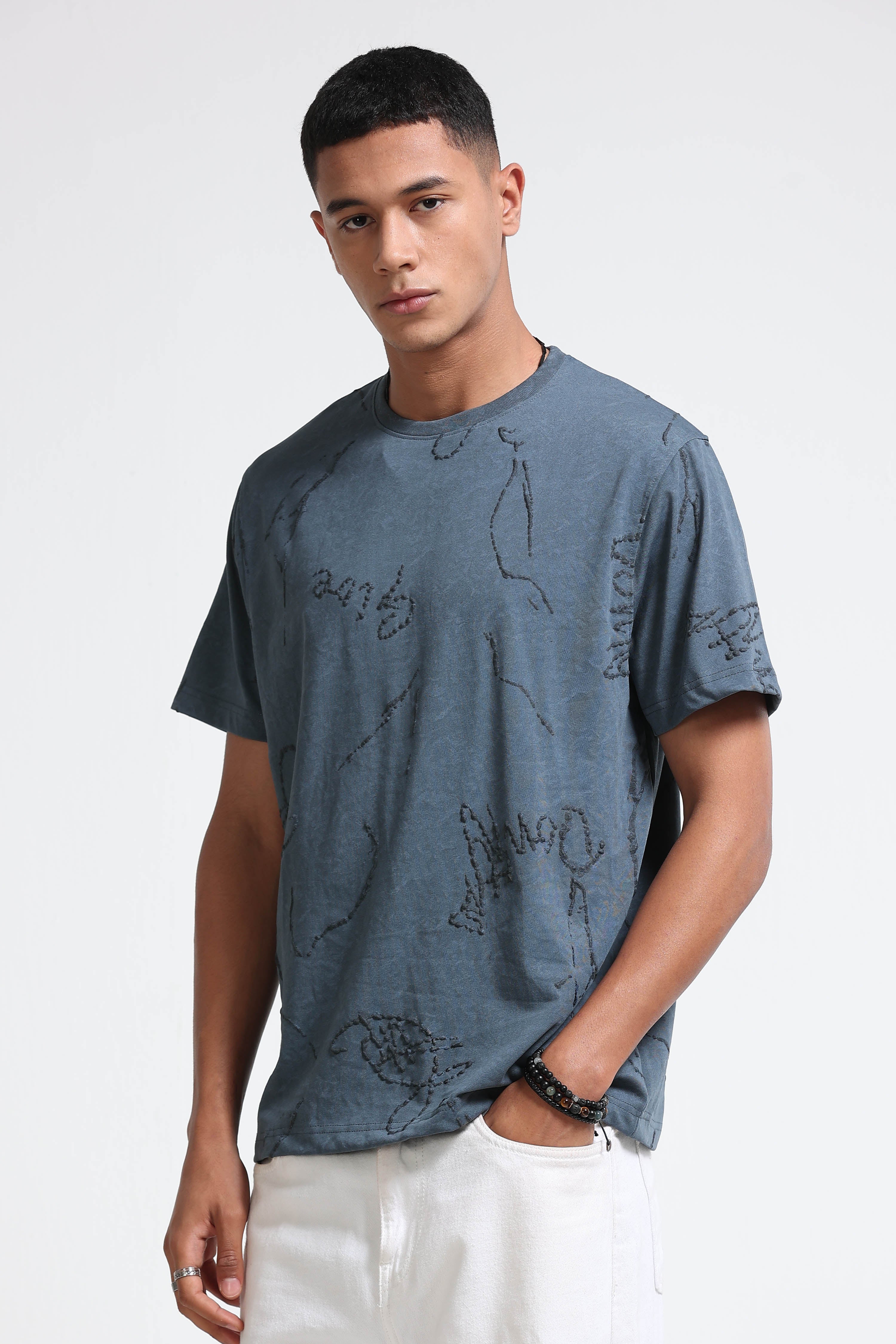 Men Blue Relaxed Fit Denim T-Shirt