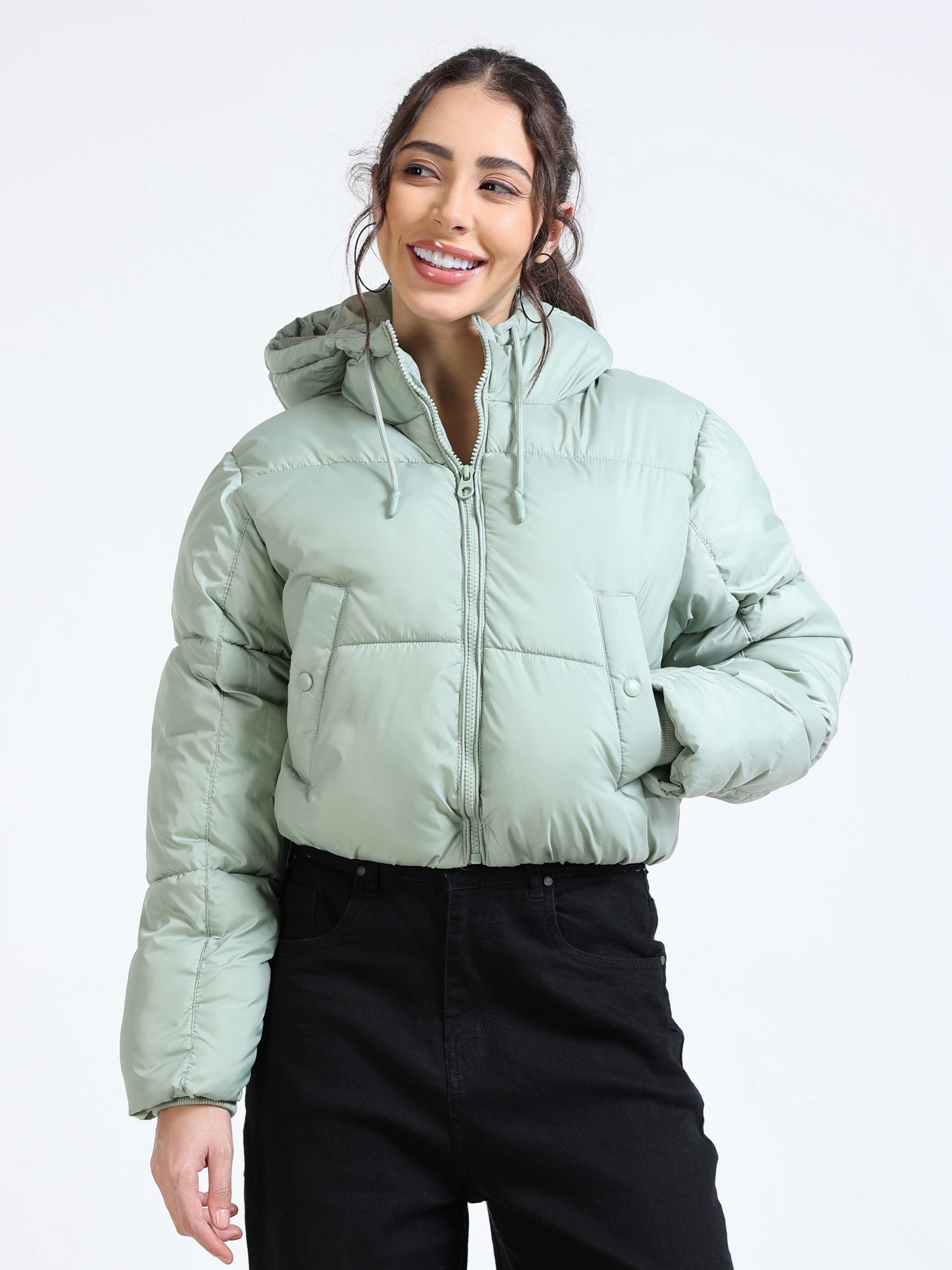 Women Green Hooded Puffer Jacket