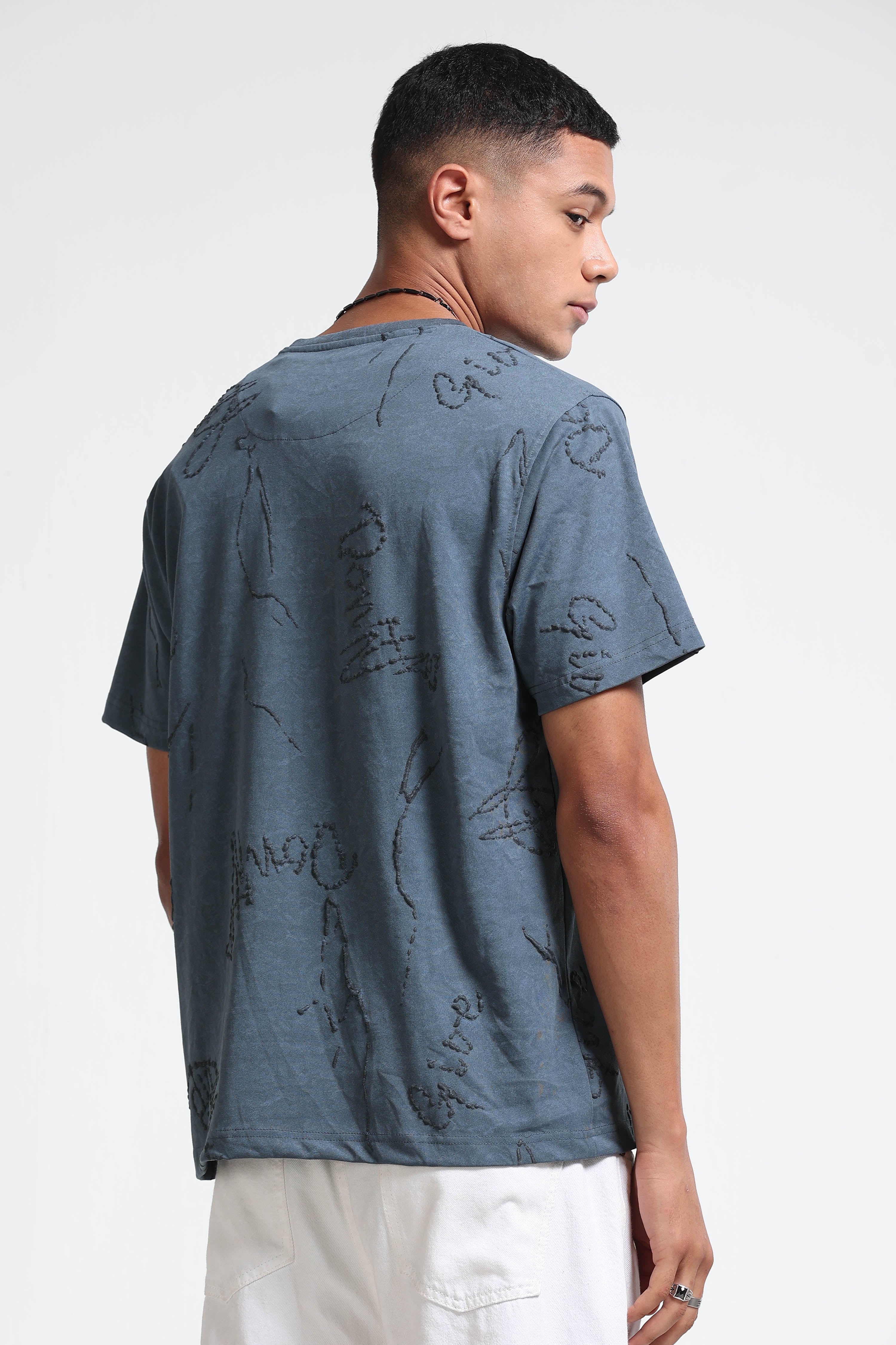 Men Blue Relaxed Fit Denim T-Shirt