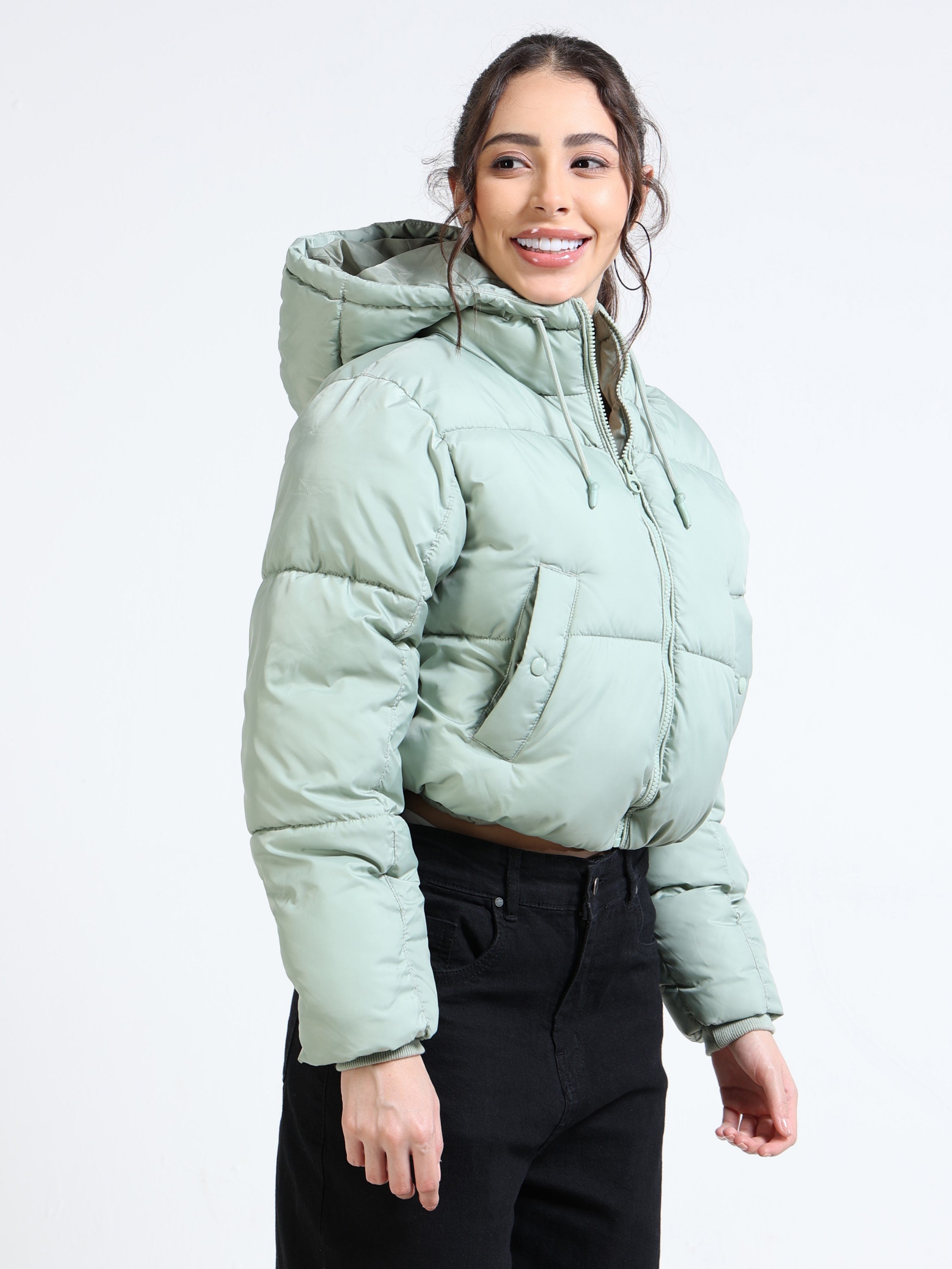 Women Green Hooded Puffer Jacket