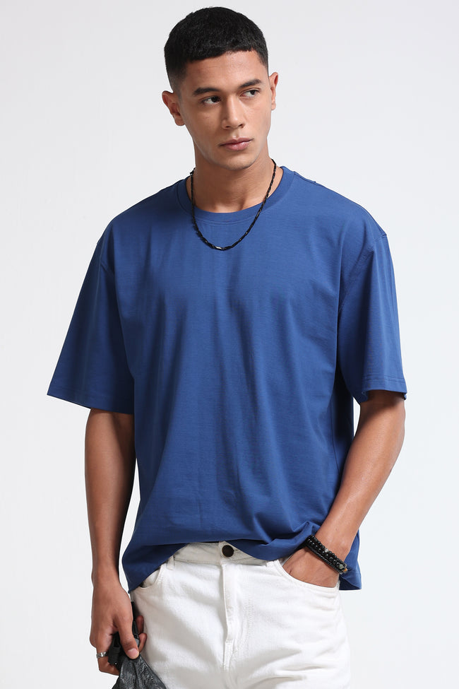 Men Blue Oversized Crew Neck T-Shirt