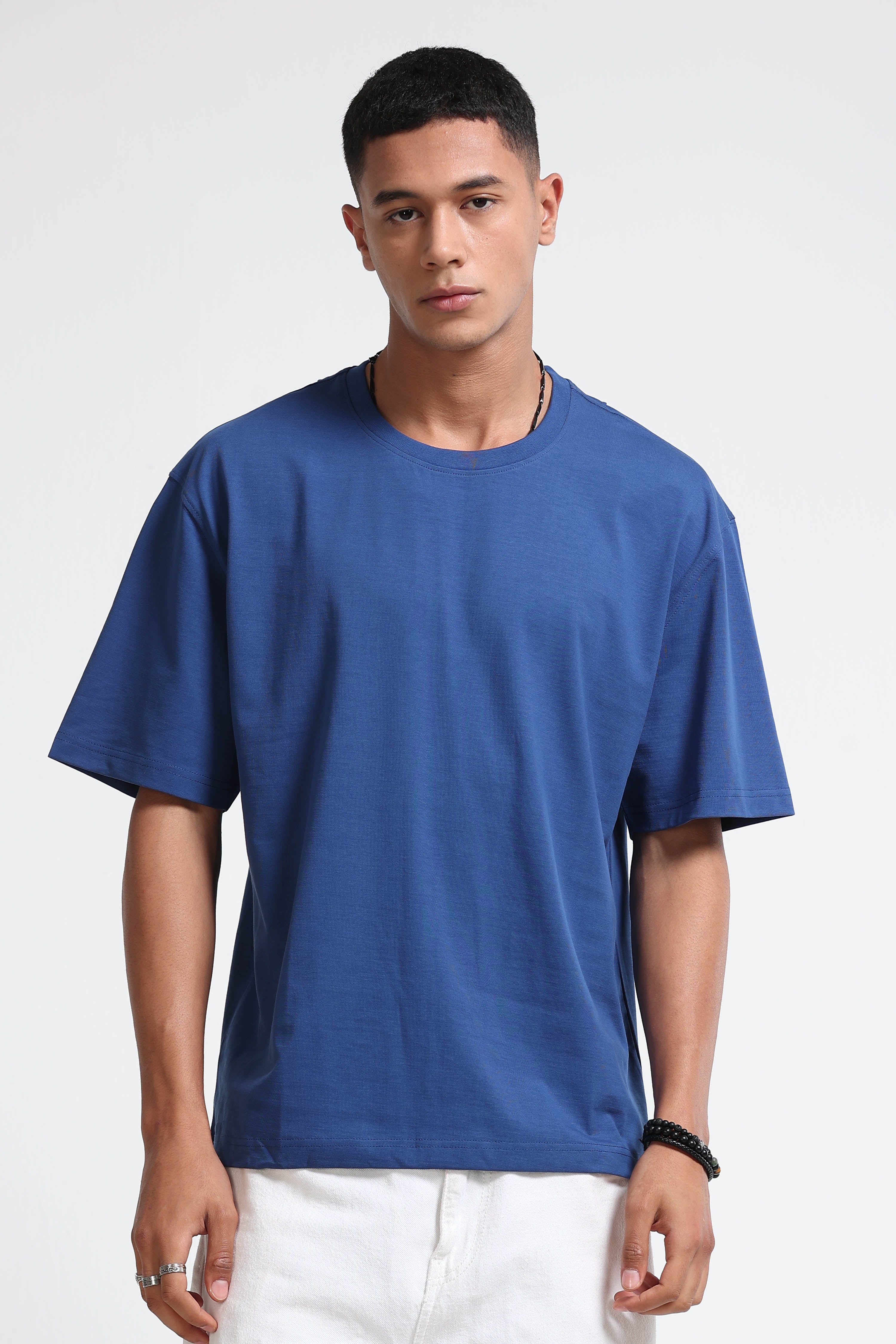 Men Blue Oversized Crew Neck T-Shirt