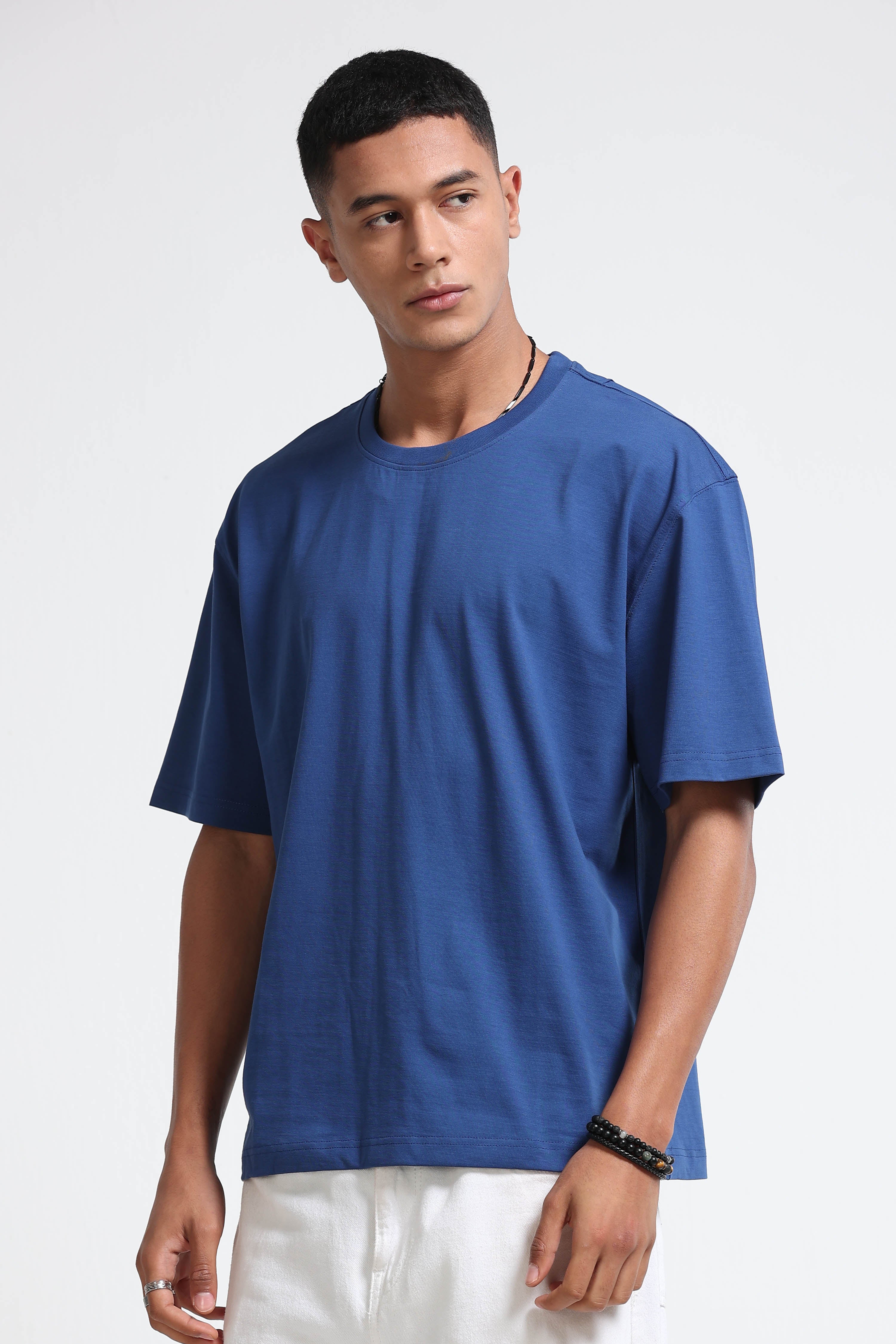 Men Blue Oversized Crew Neck T-Shirt