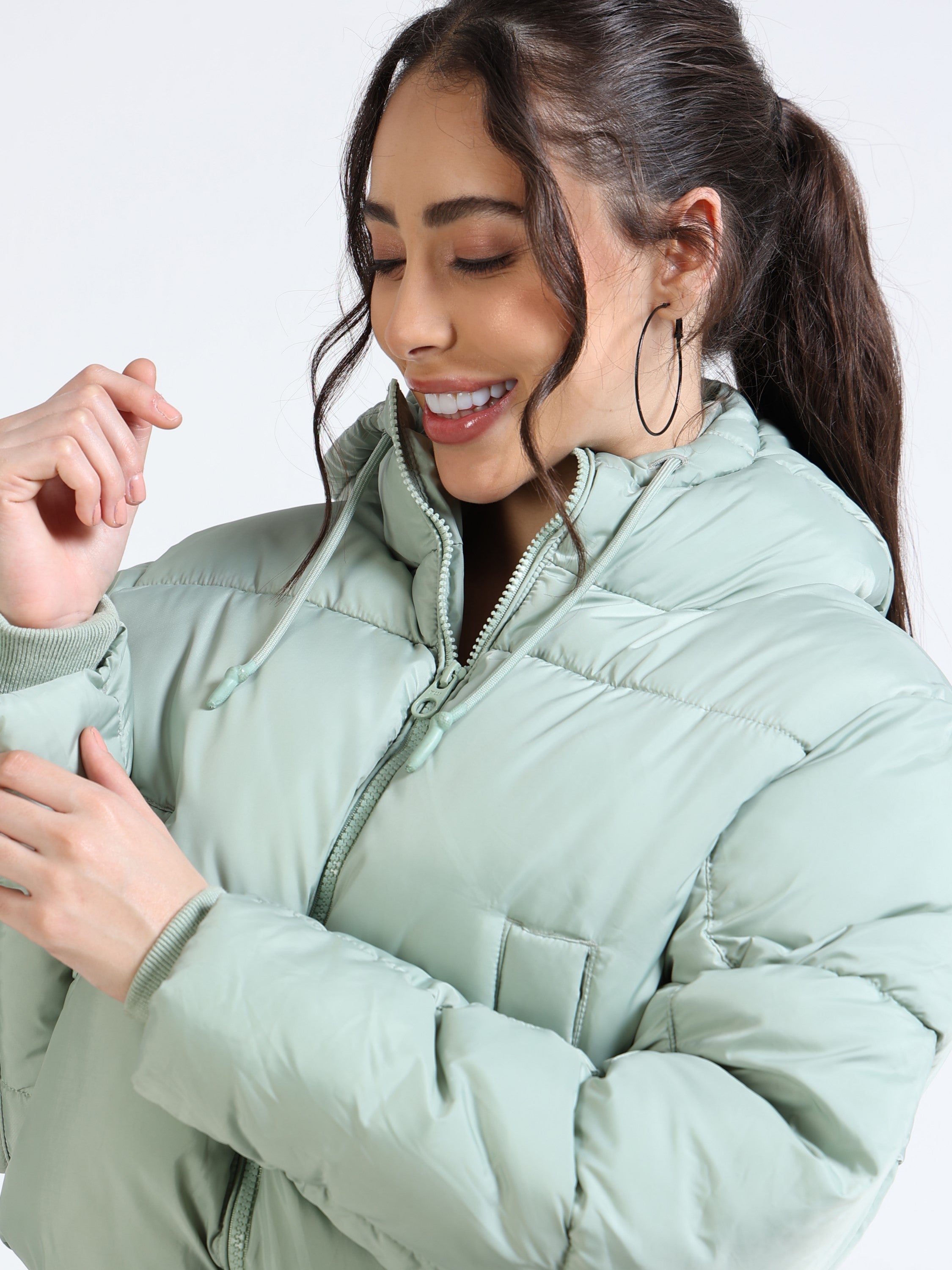 Women Green Hooded Puffer Jacket