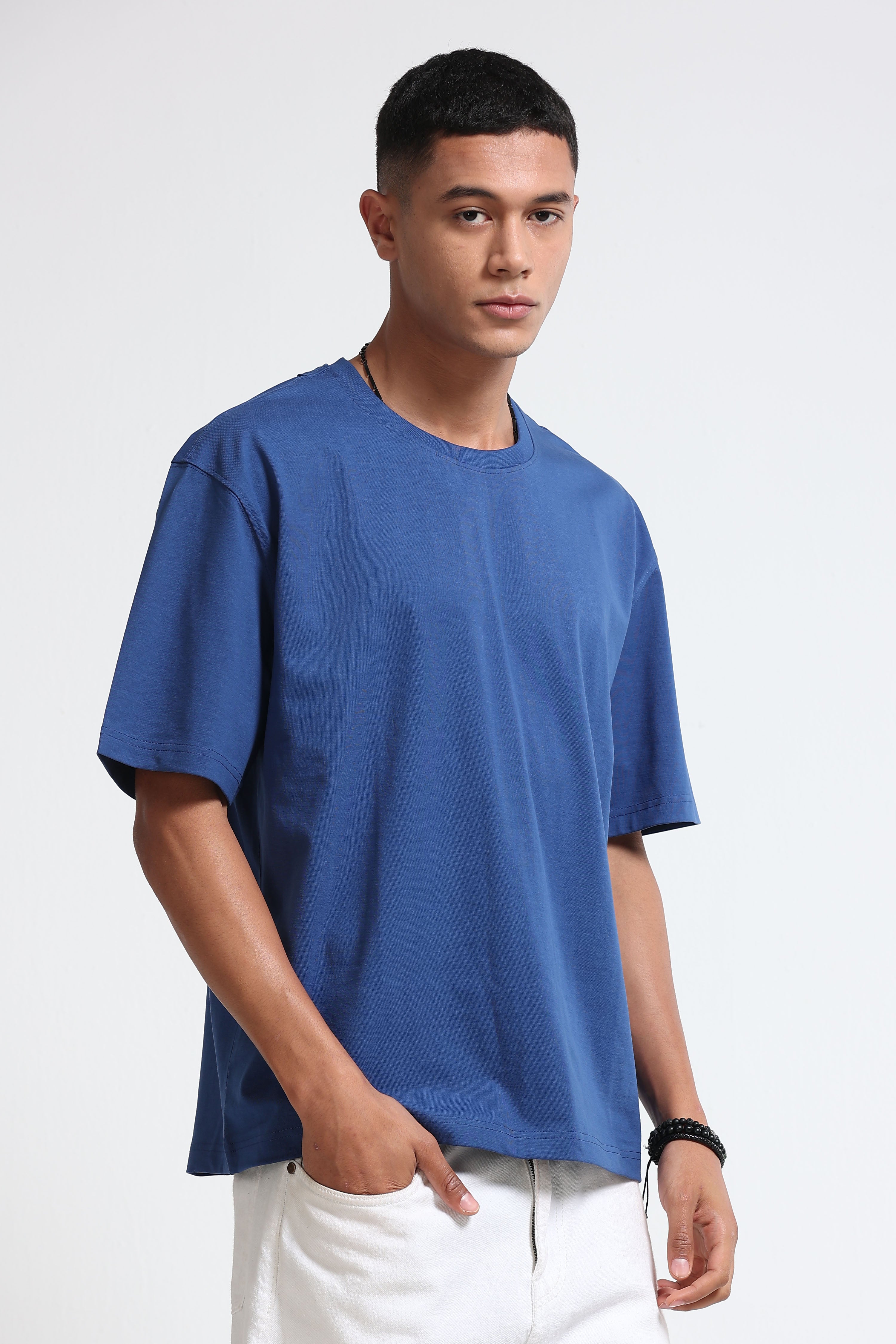 Men Blue Oversized Crew Neck T-Shirt