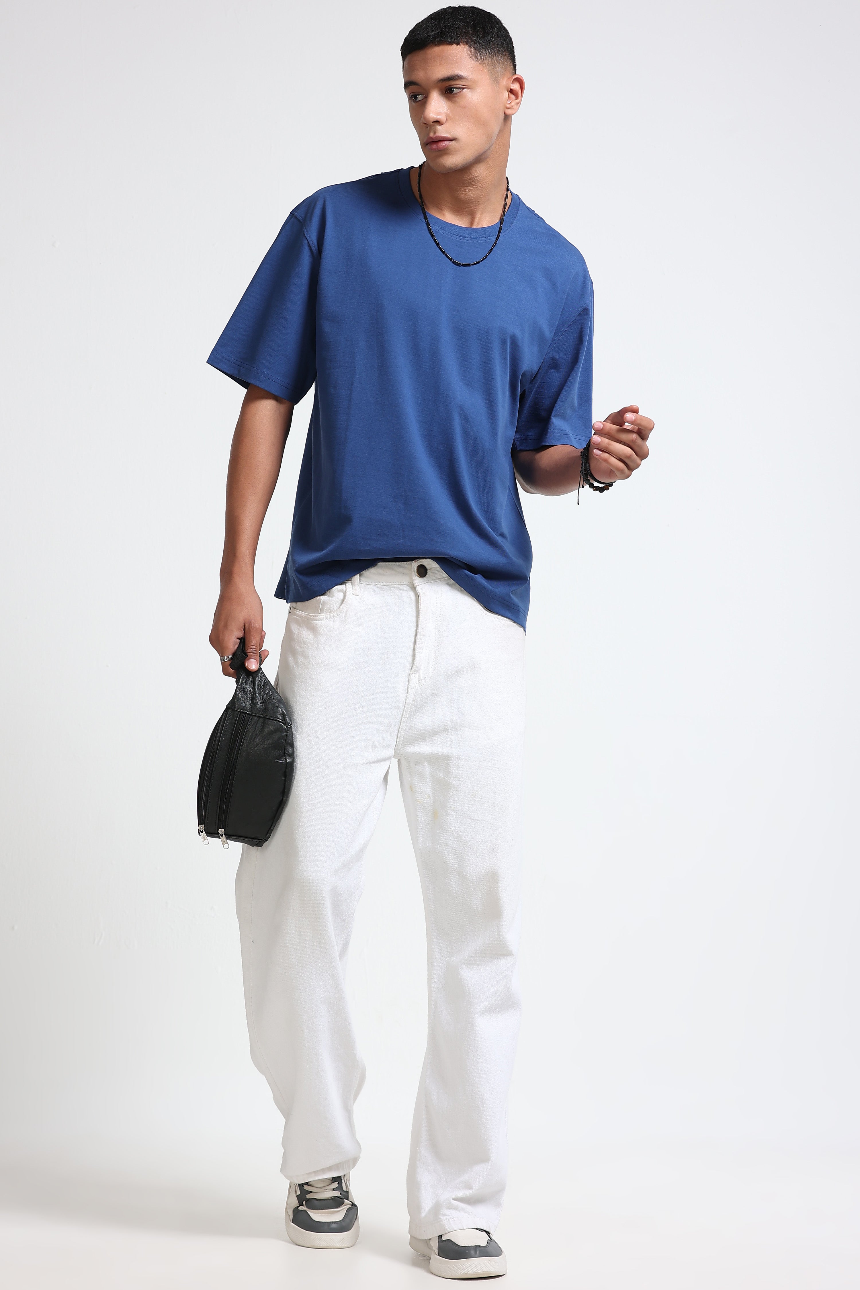 Men Blue Oversized Crew Neck T-Shirt