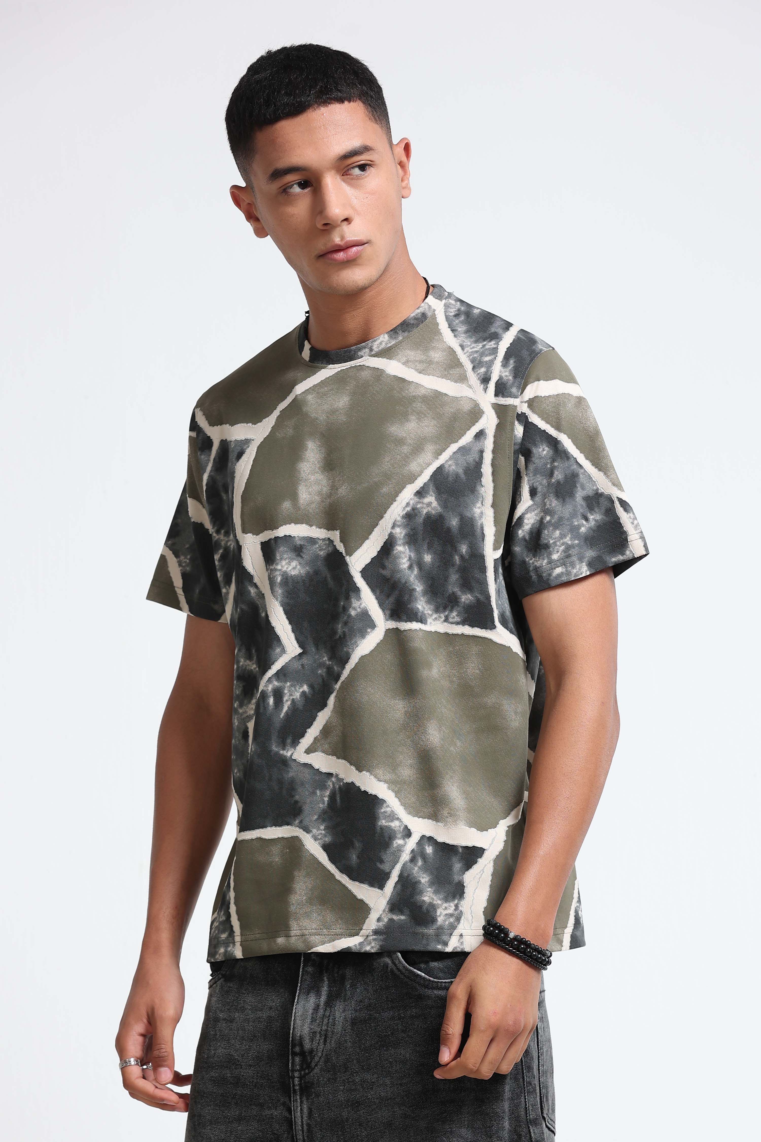 Men Olive Modern Abstract Print T-Shirt