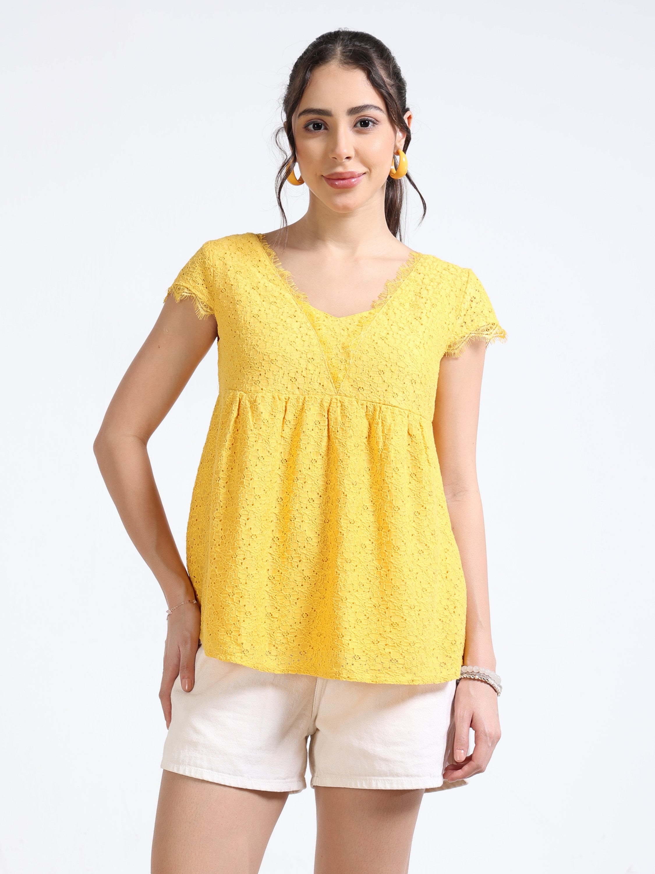 Women Yellow Mesh Peplum Top