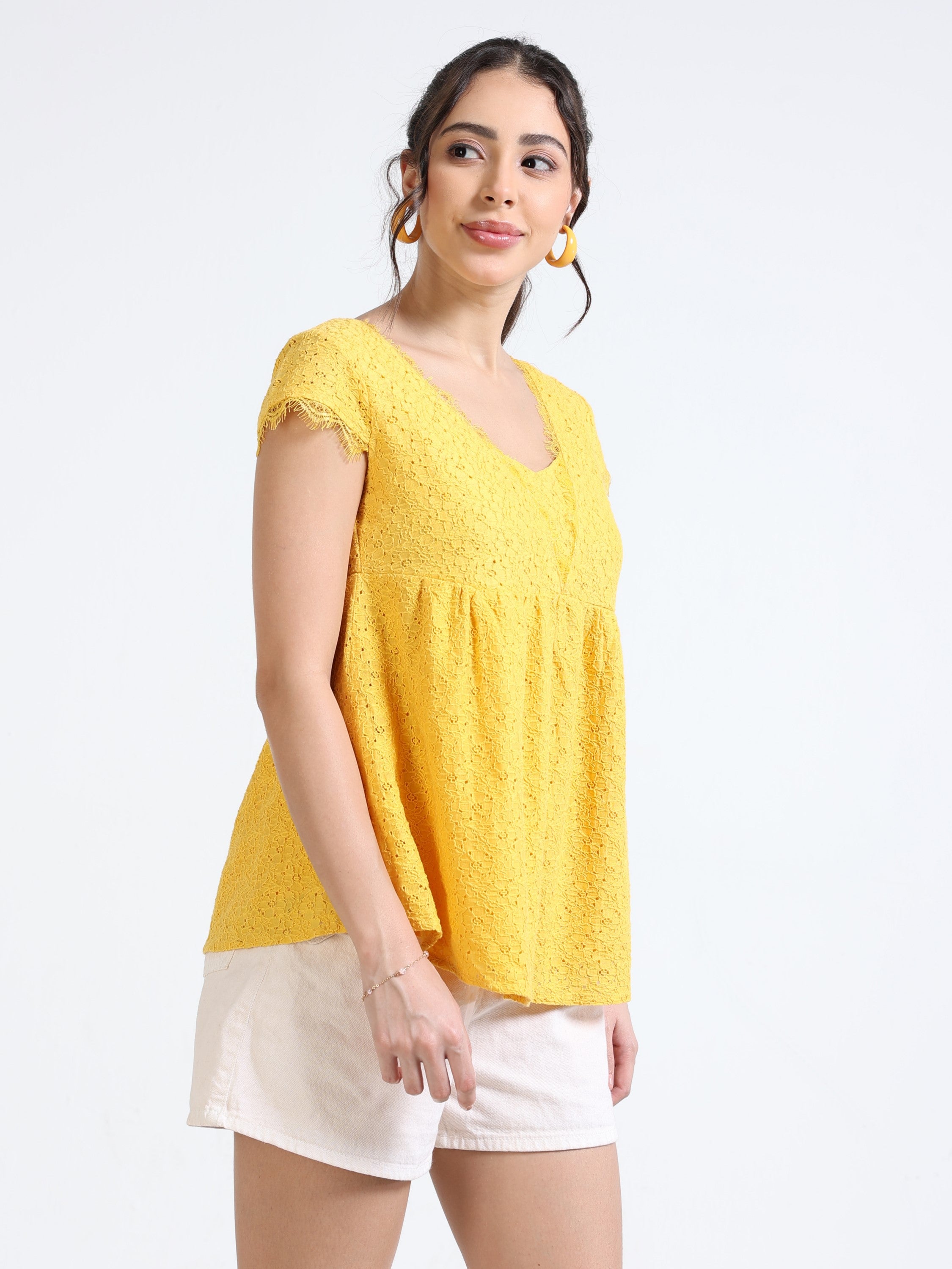 Women Yellow Mesh Peplum Top