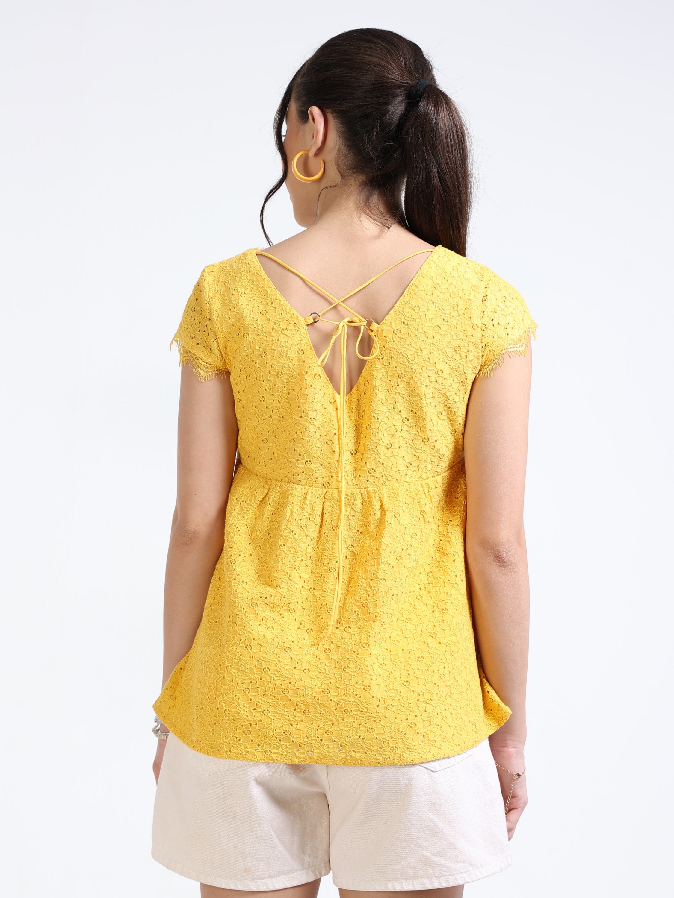 Women Yellow Mesh Peplum Top