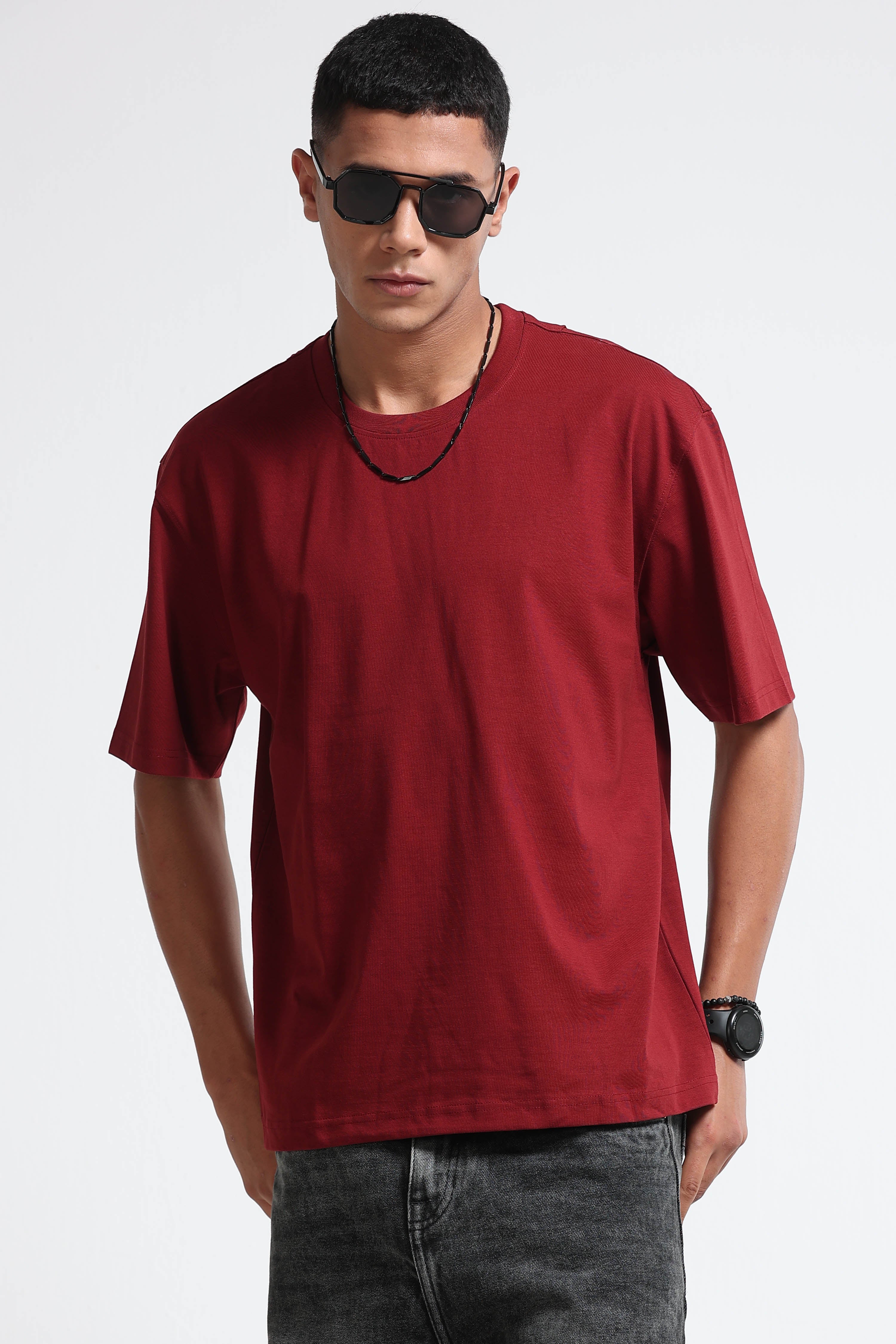 Men Maroon Oversized Crew Neck T-Shirt
