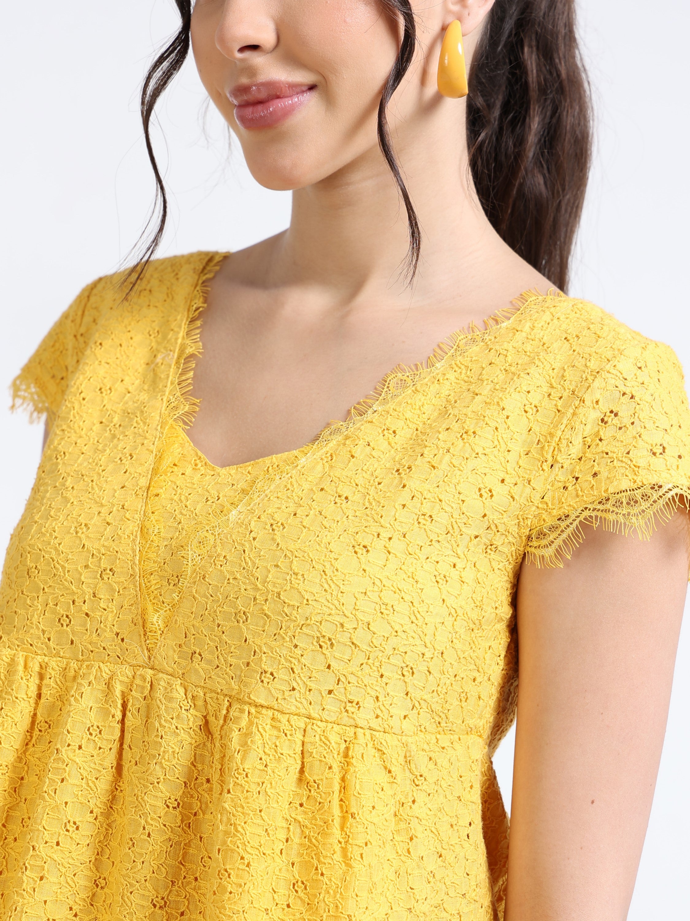 Women Yellow Mesh Peplum Top