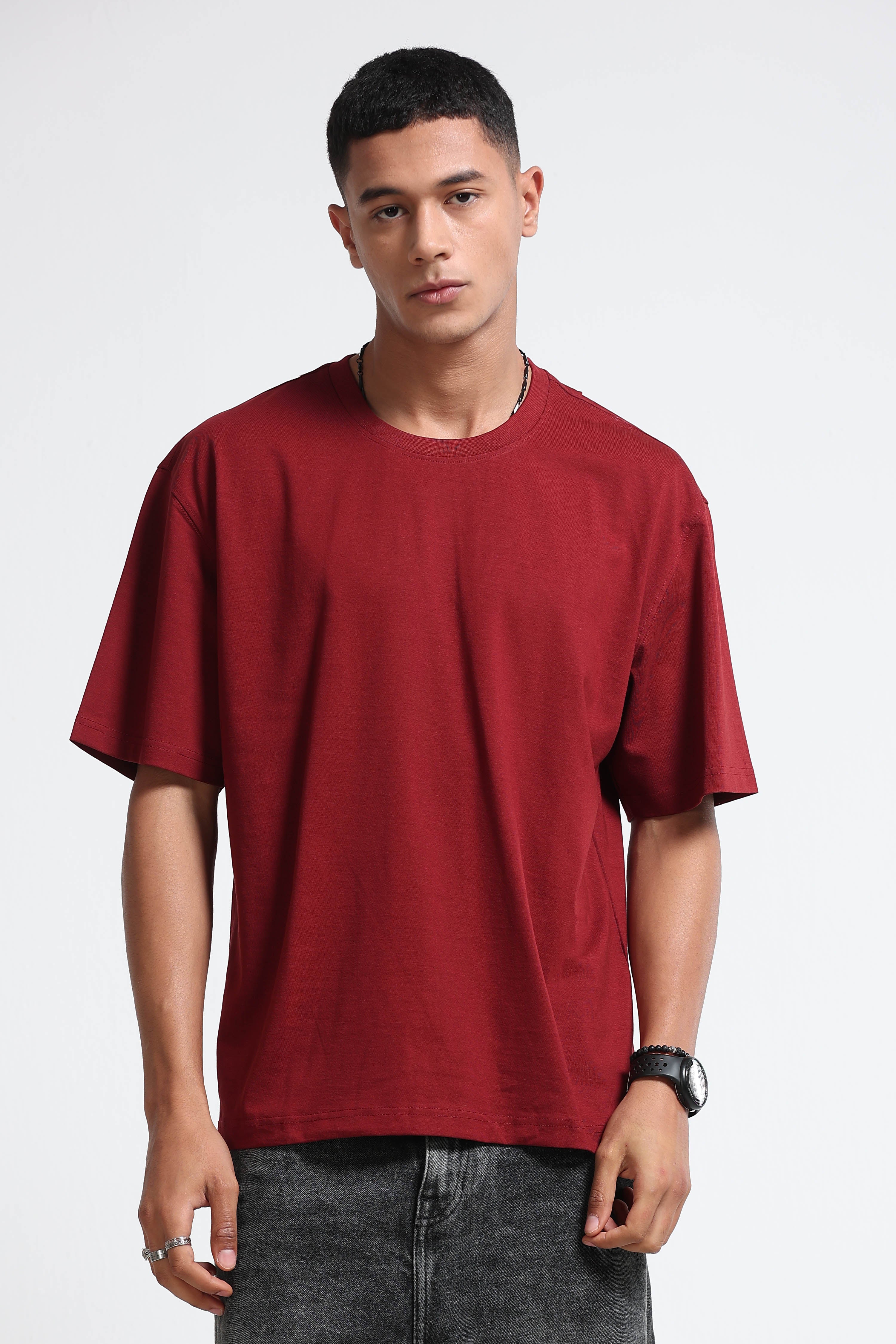 Men Maroon Oversized Crew Neck T-Shirt