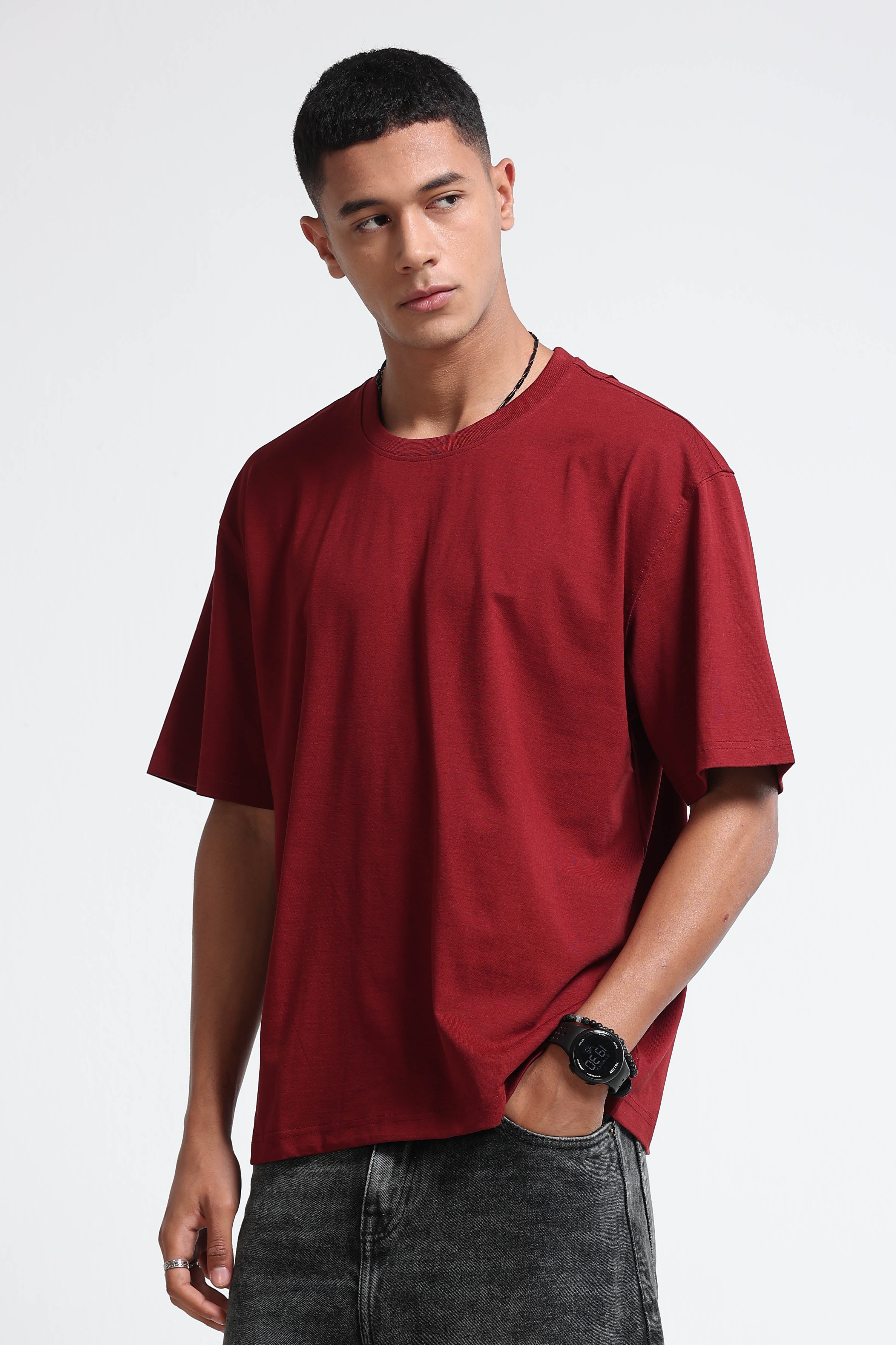 Men Maroon Oversized Crew Neck T-Shirt