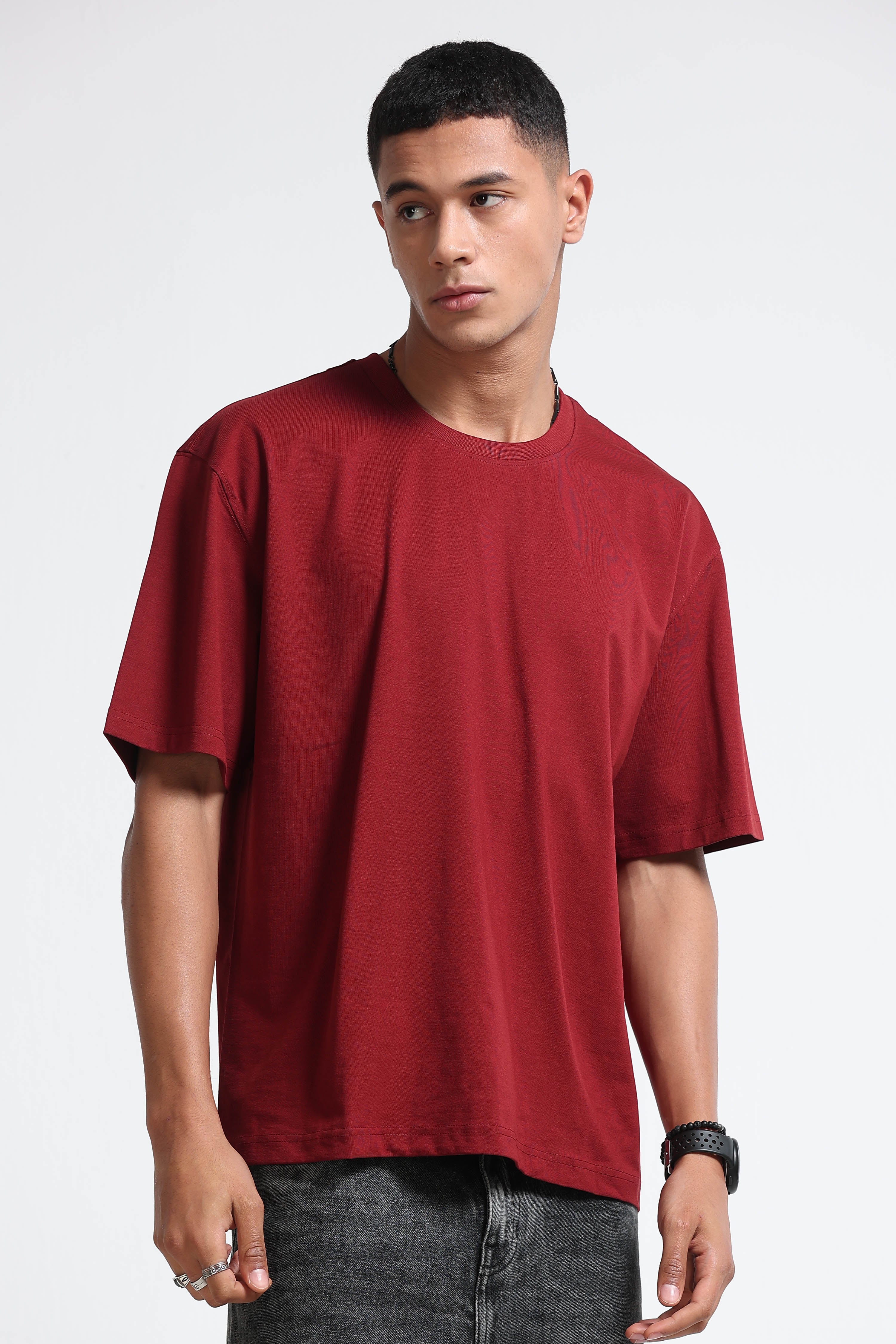 Men Maroon Oversized Crew Neck T-Shirt