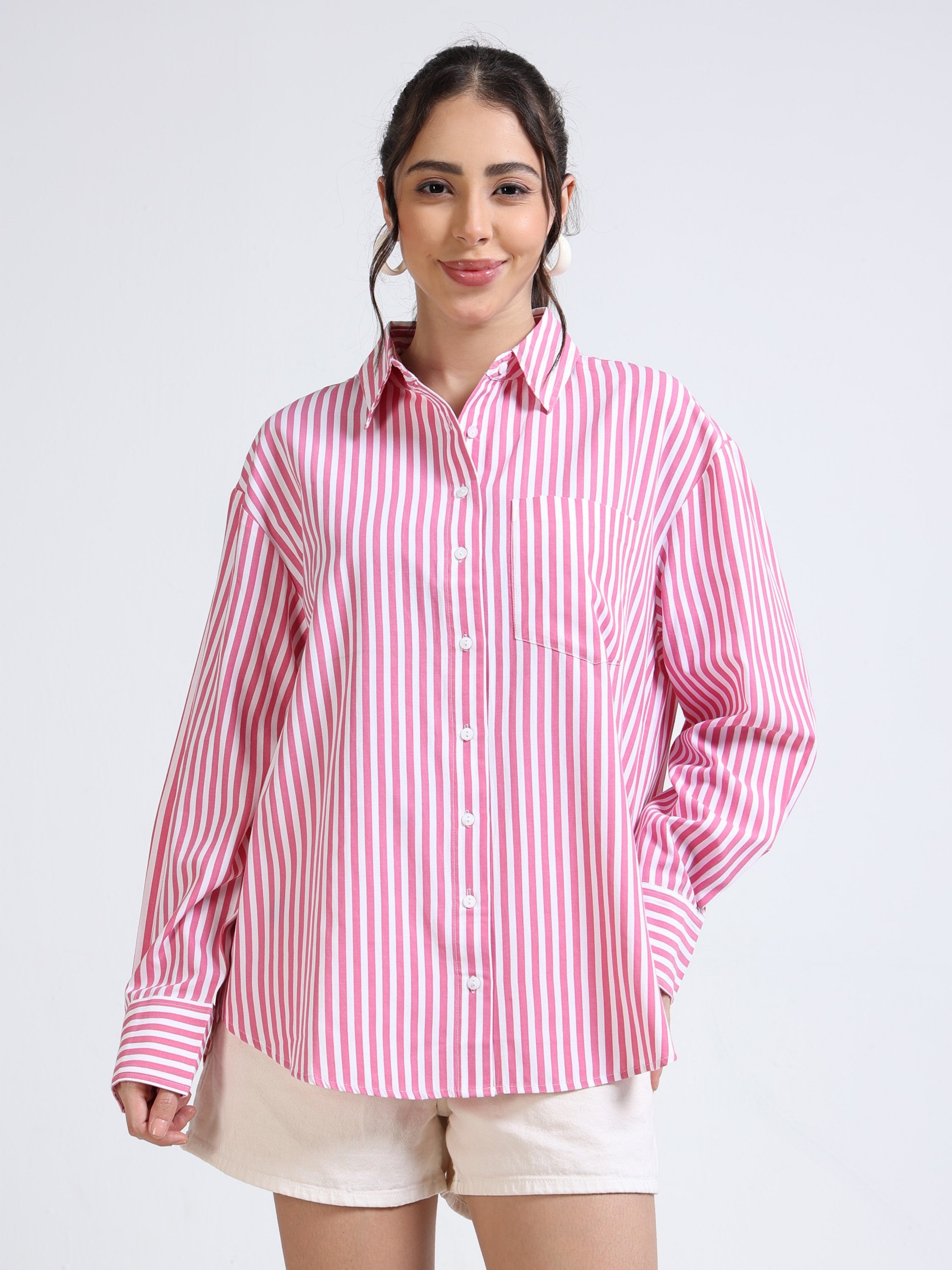 Women Pink & White Stripe Oversized Shirt