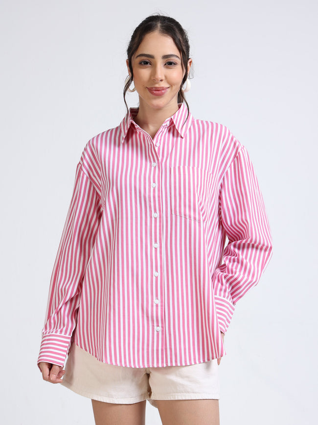 Women Pink & White Stripe Oversized Shirt