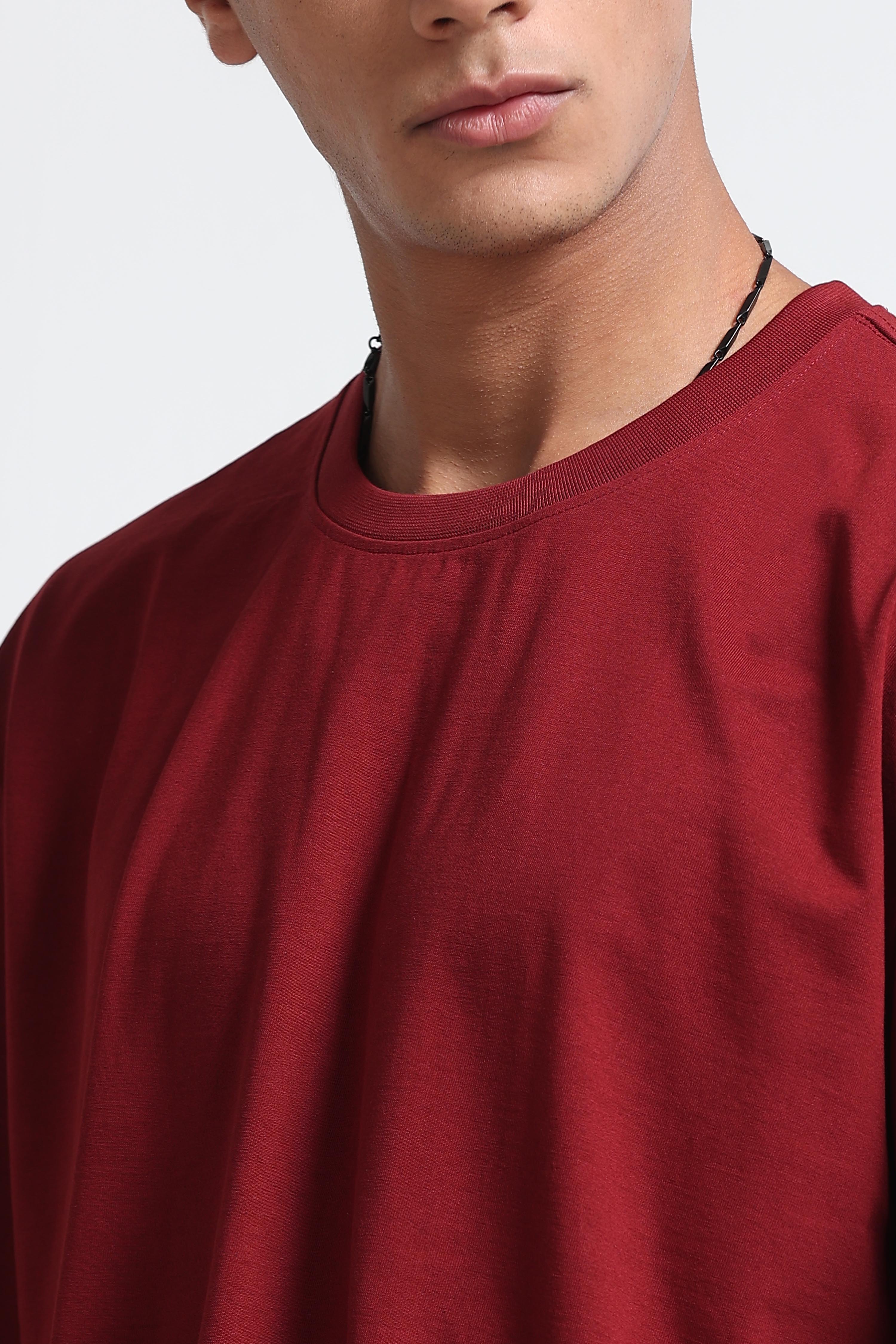 Men Maroon Oversized Crew Neck T-Shirt