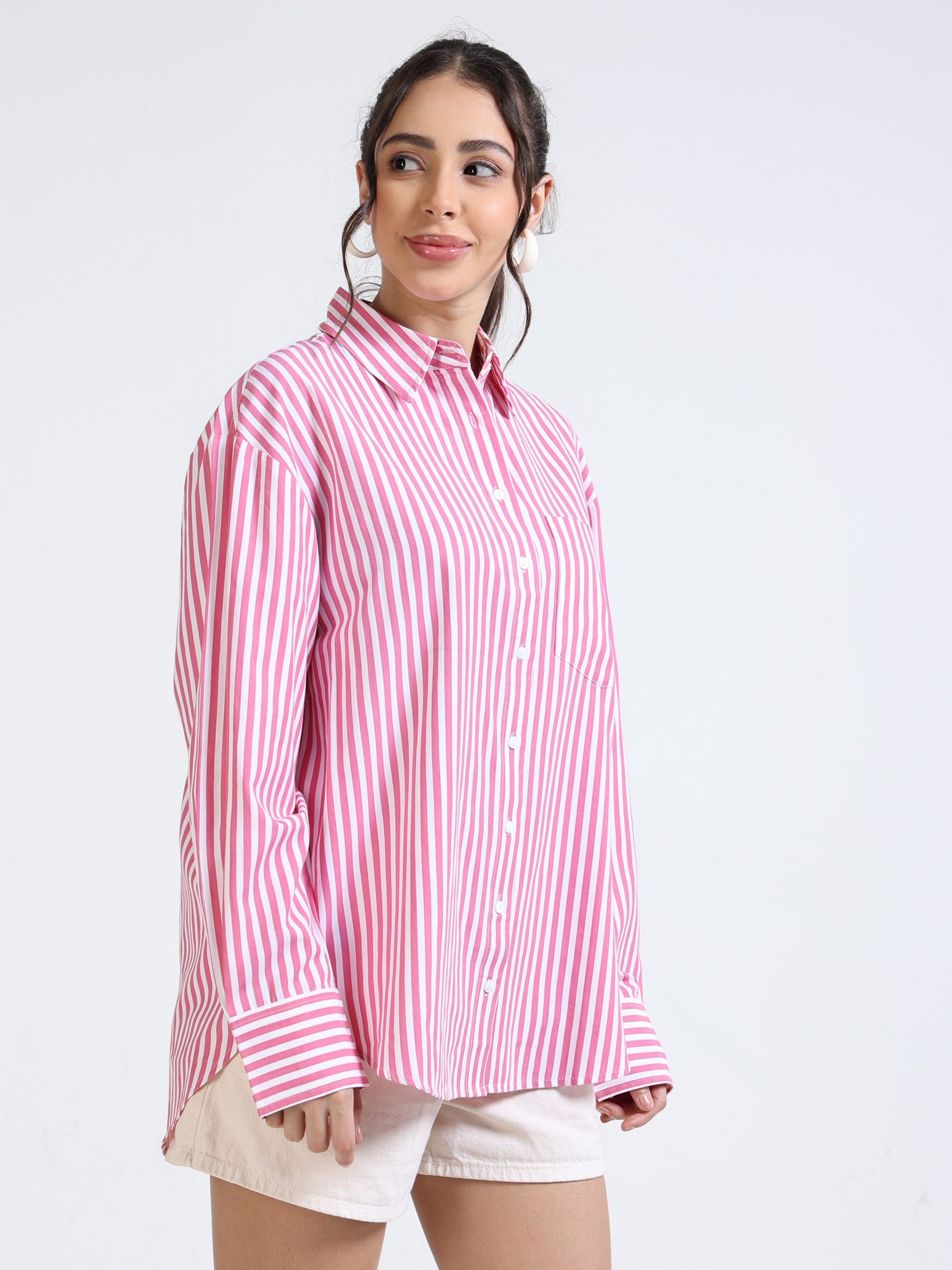 Women Pink & White Stripe Oversized Shirt