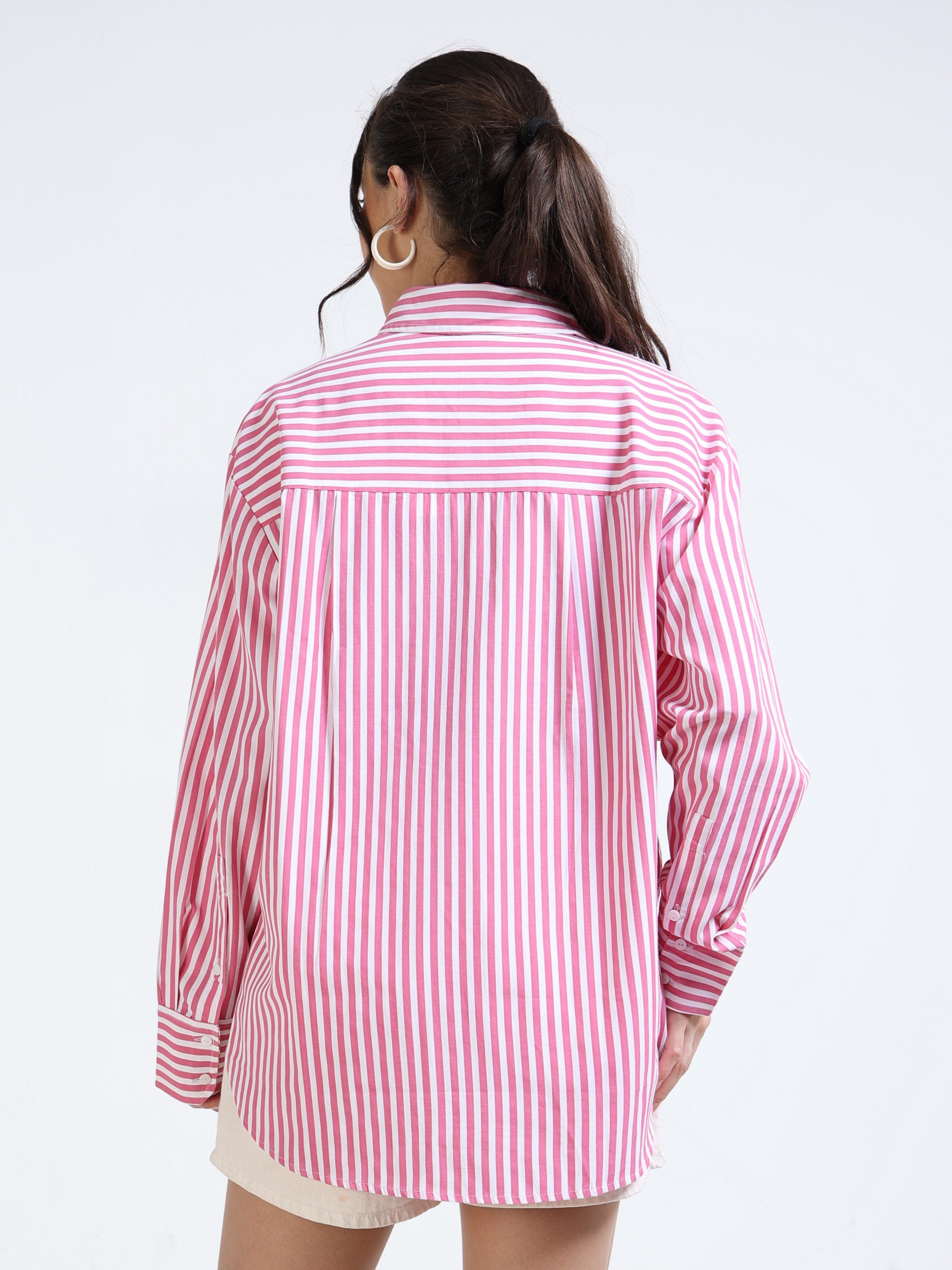 Women Pink & White Stripe Oversized Shirt