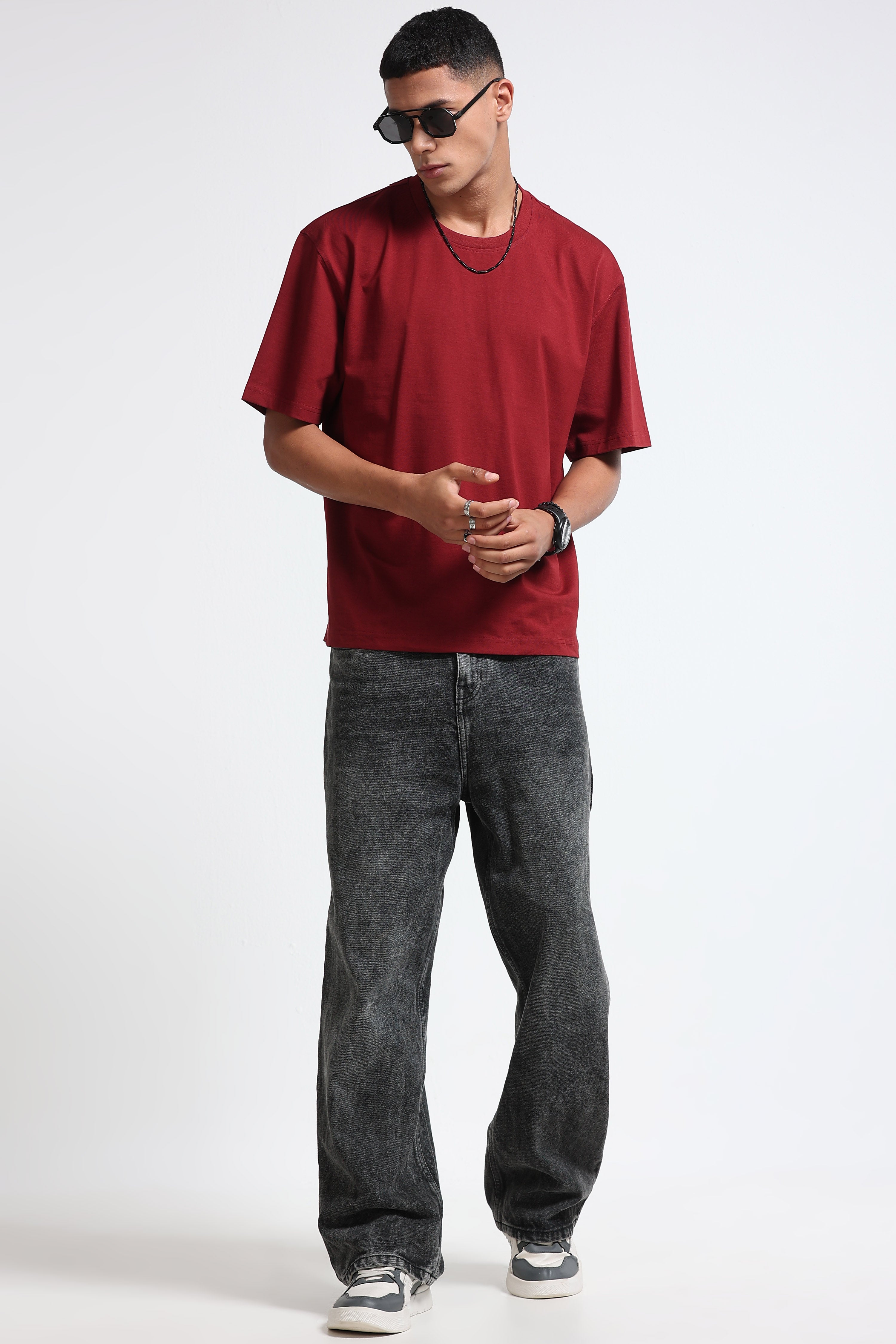 Men Maroon Oversized Crew Neck T-Shirt