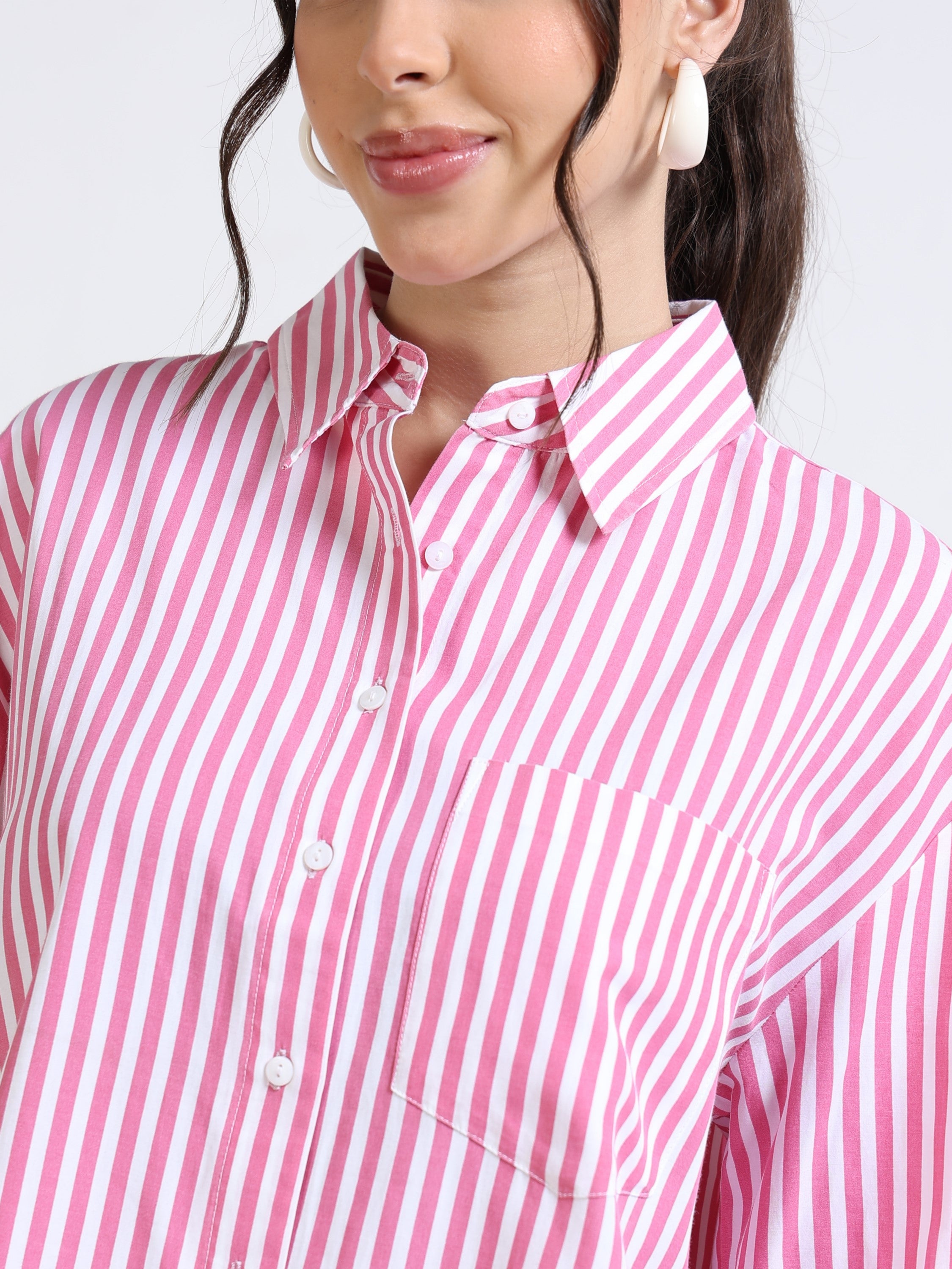Women Pink & White Stripe Oversized Shirt