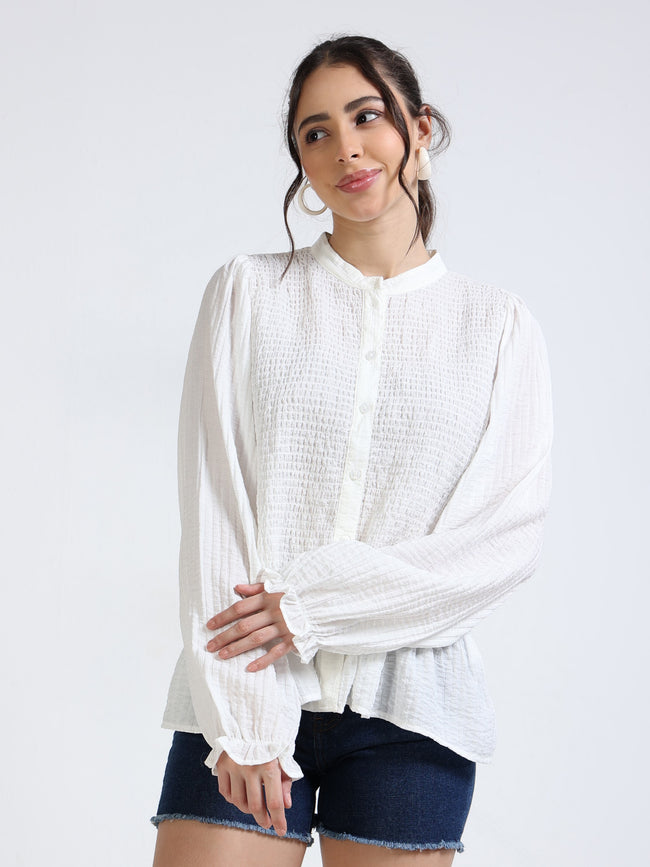 Women White Smocked Body Top