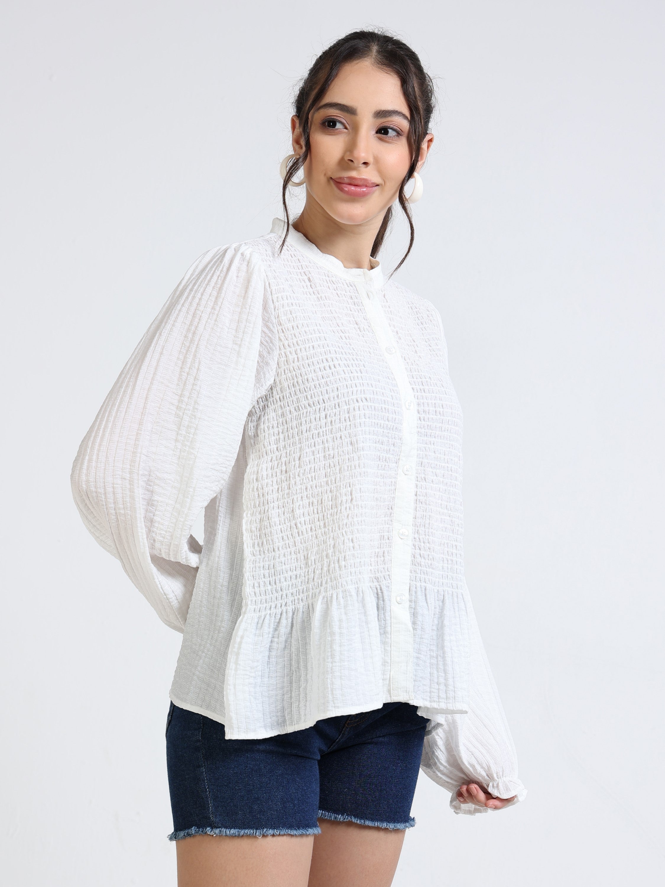 Women White Smocked Body top