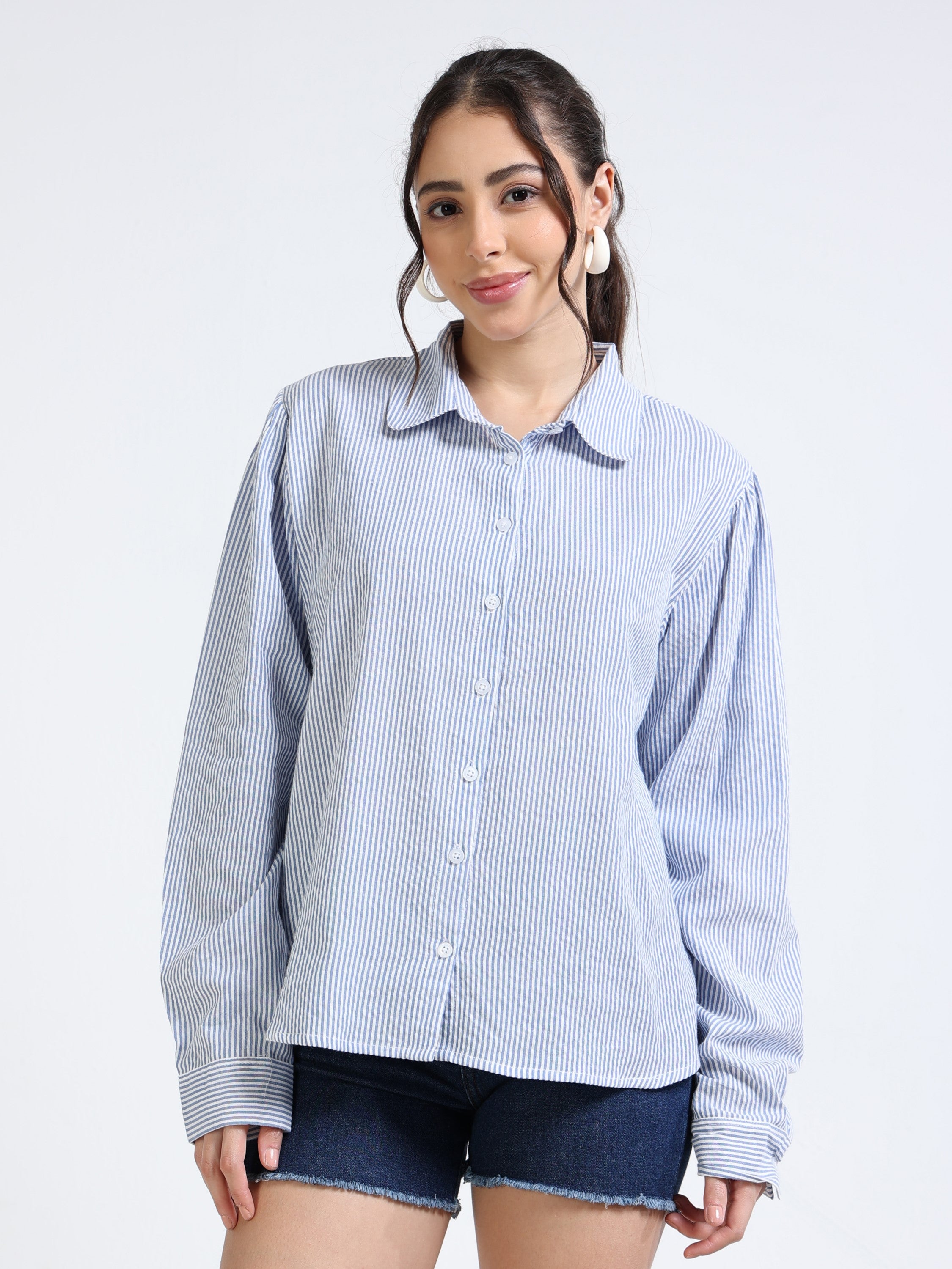 Women Blue See-sucker puff sleeve shirt