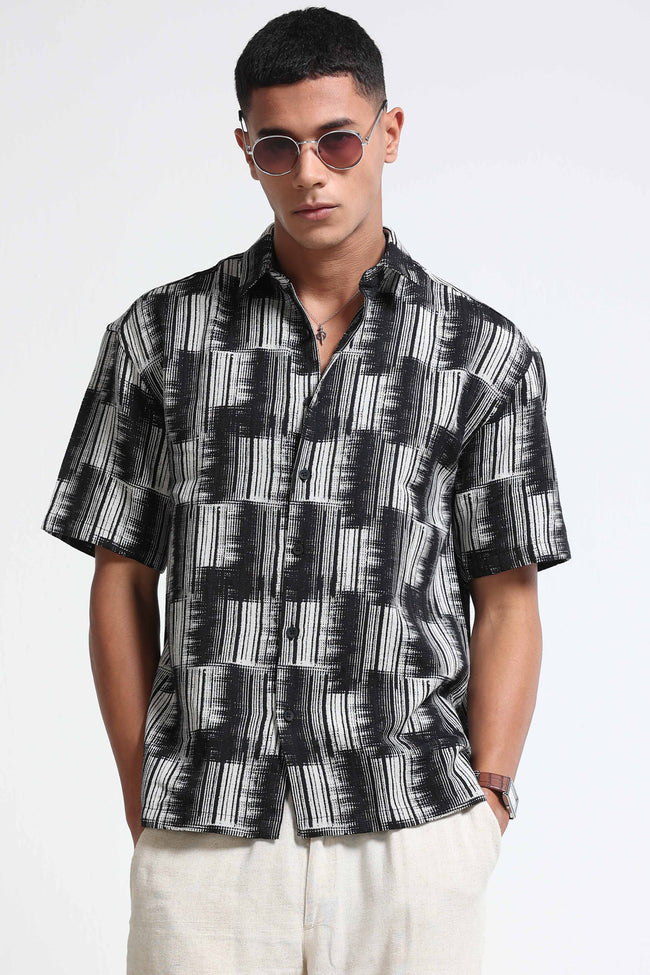 Men White Black Jacquard Boxy Fit Shirt