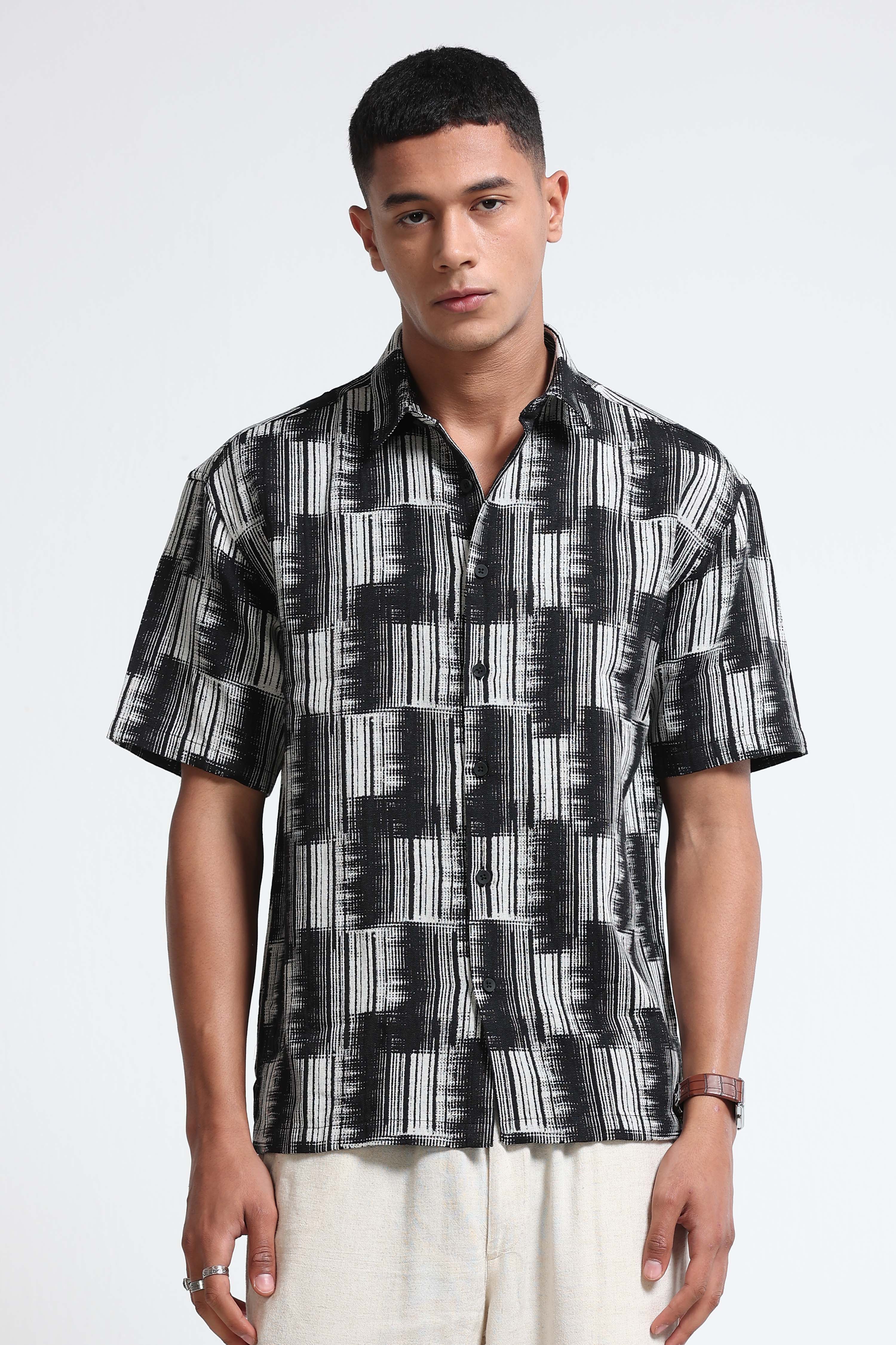 Men White Black Jacquard Boxy Fit Shirt
