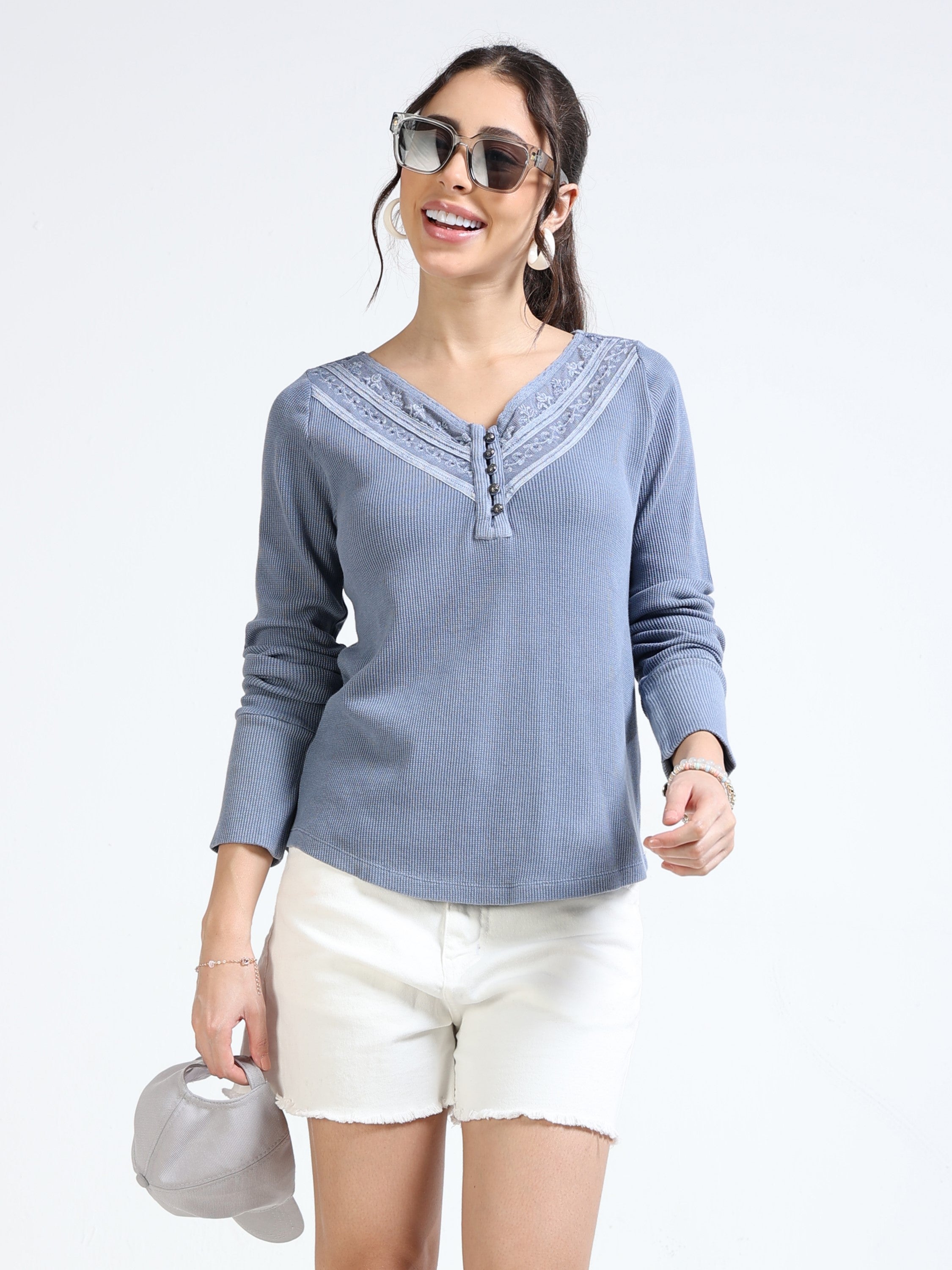 Women Blue Embroidered Washed Top