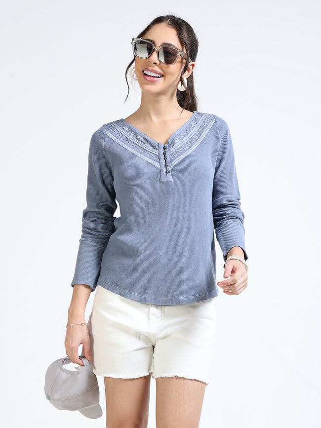Women Blue Embroidered Washed Top