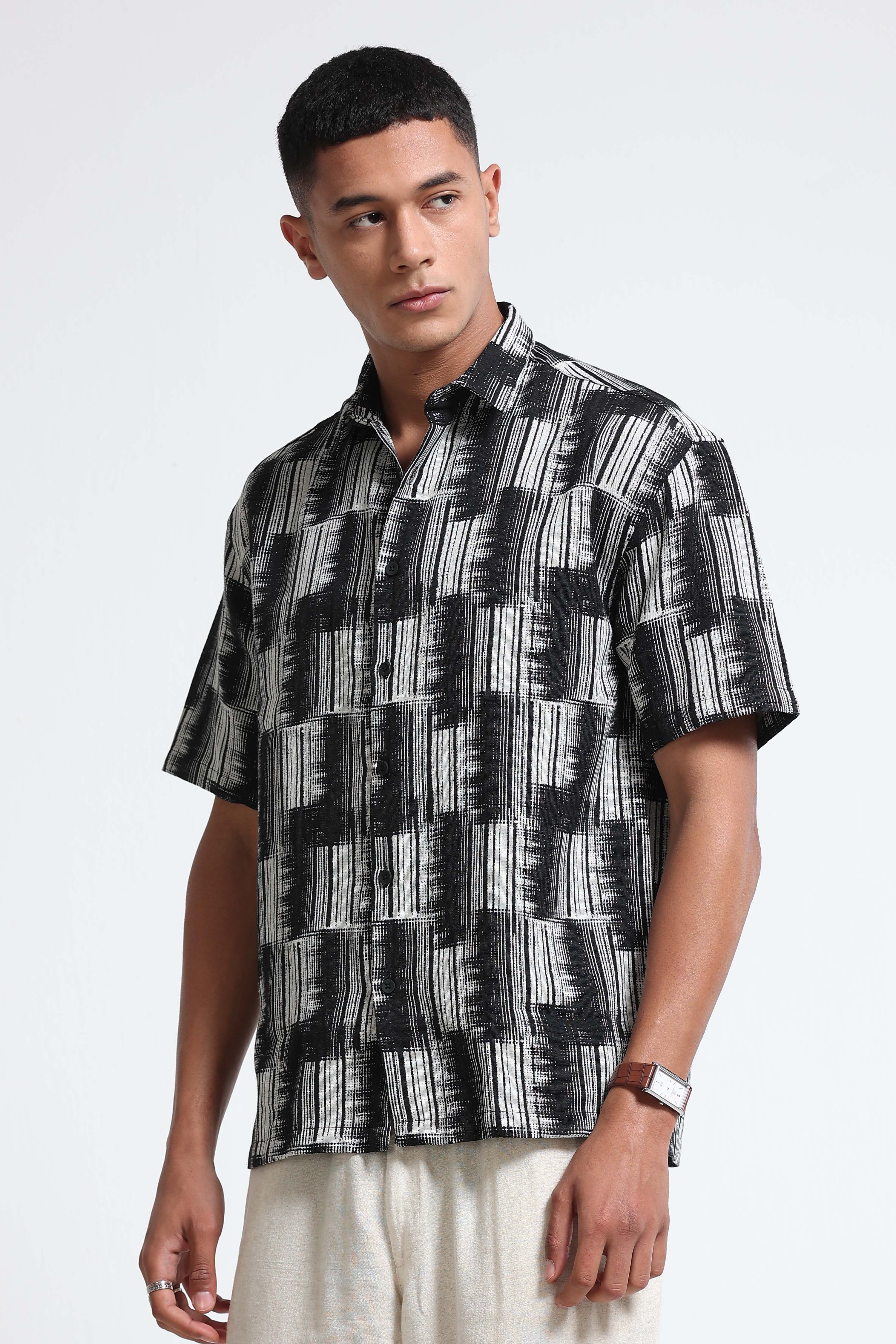 Men White Black Jacquard Boxy Fit Shirt