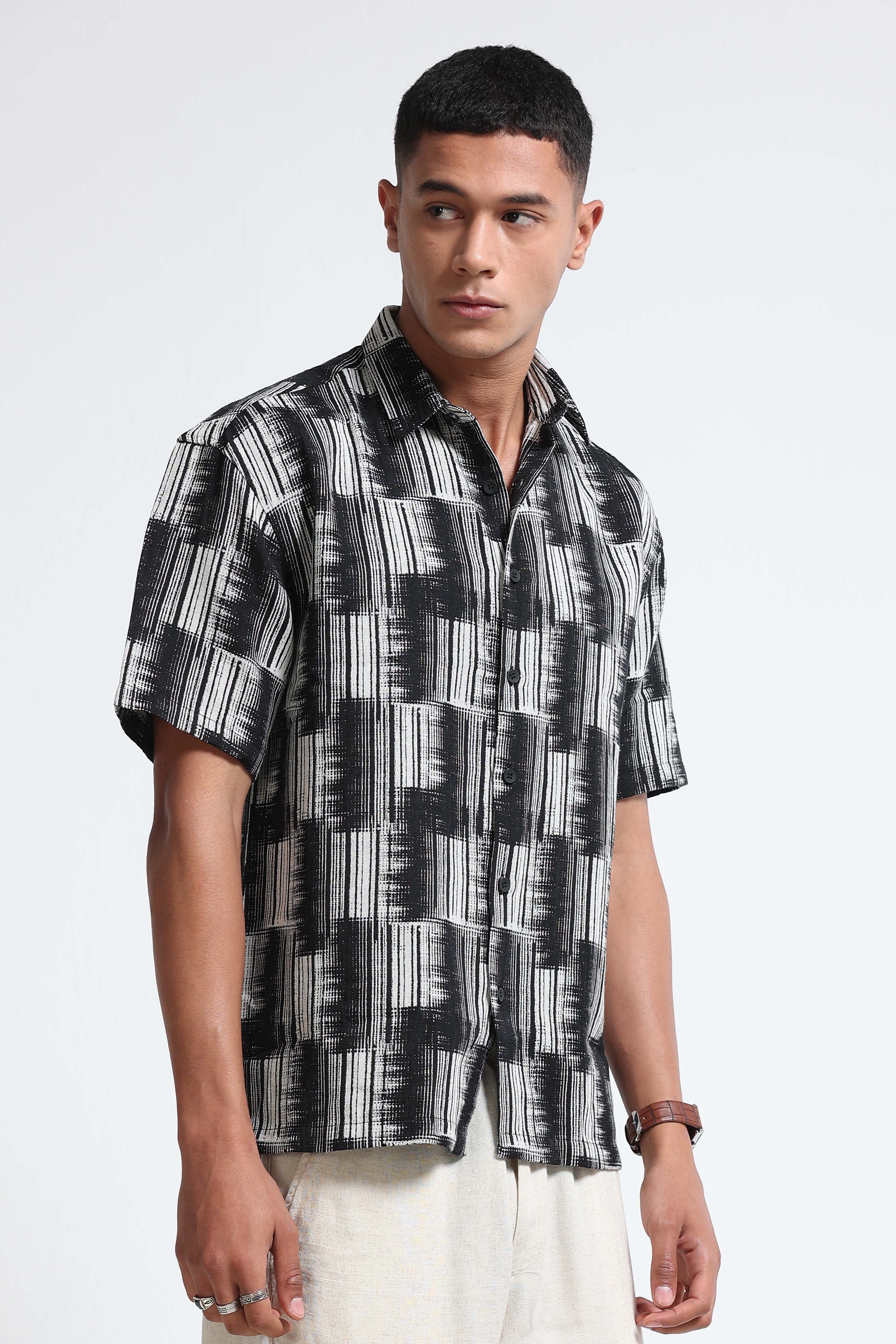 Men White Black Jacquard Boxy Fit Shirt