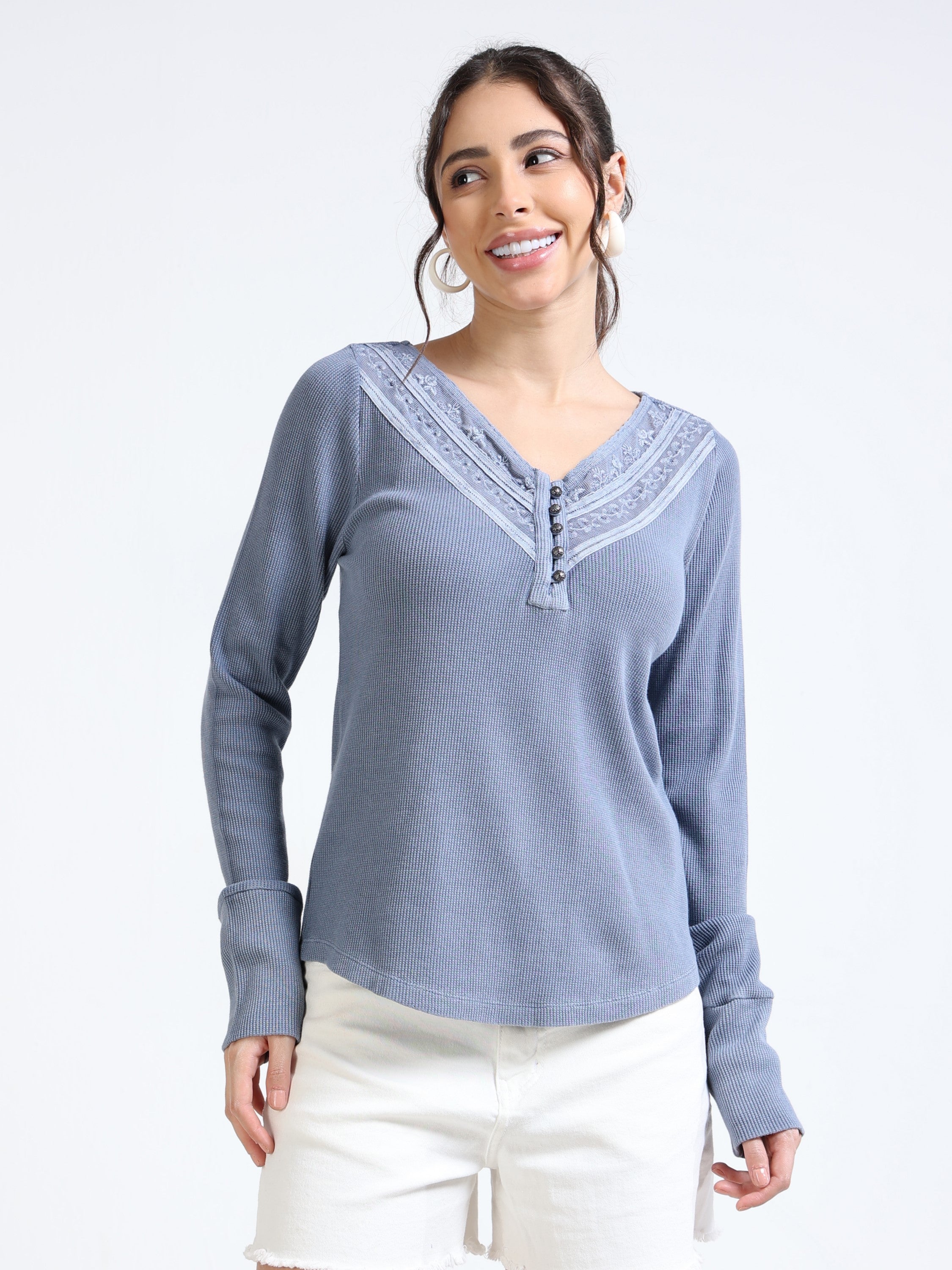 Women Blue Embroidered Washed Top