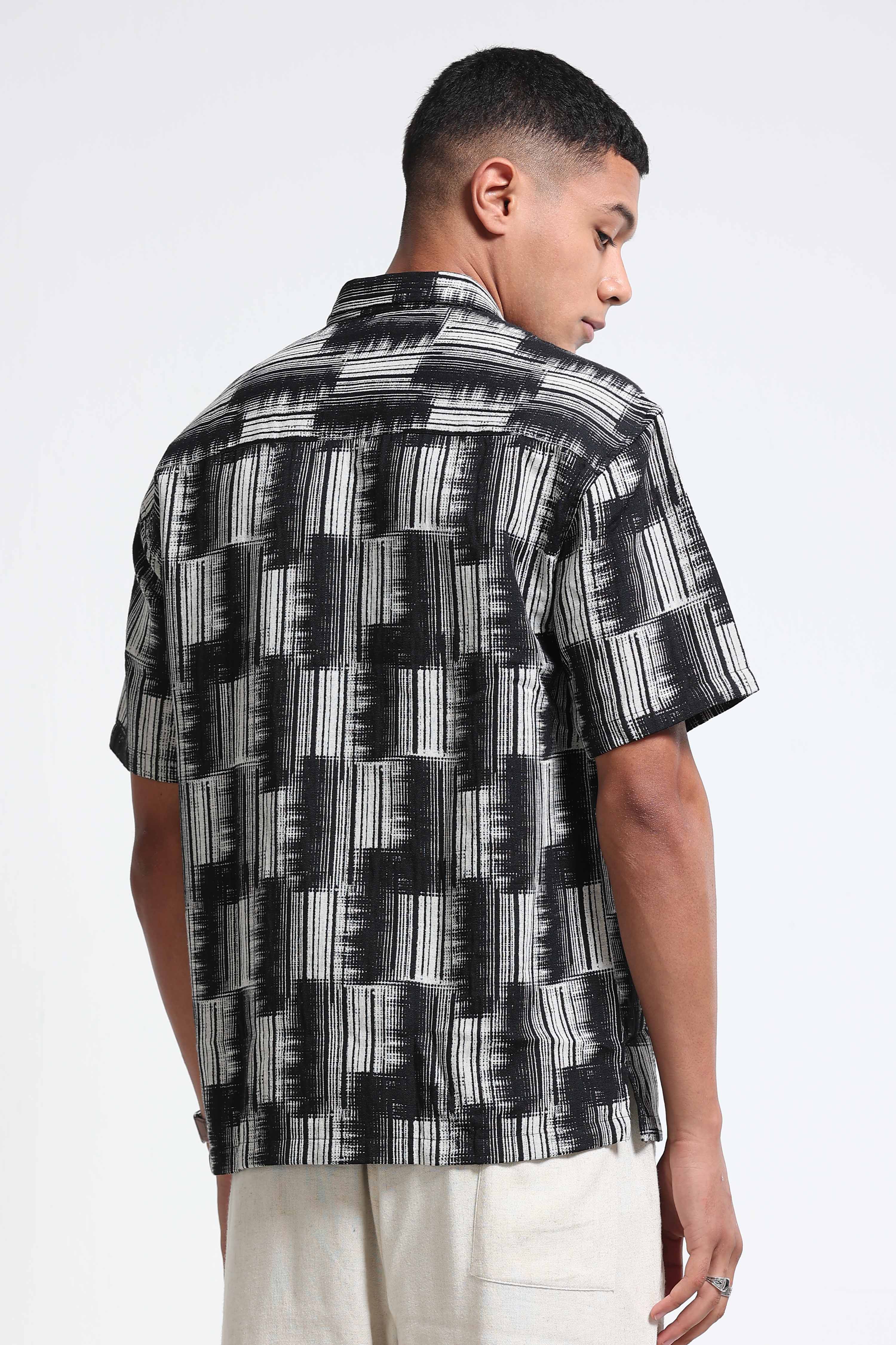 Men White Black Jacquard Boxy Fit Shirt