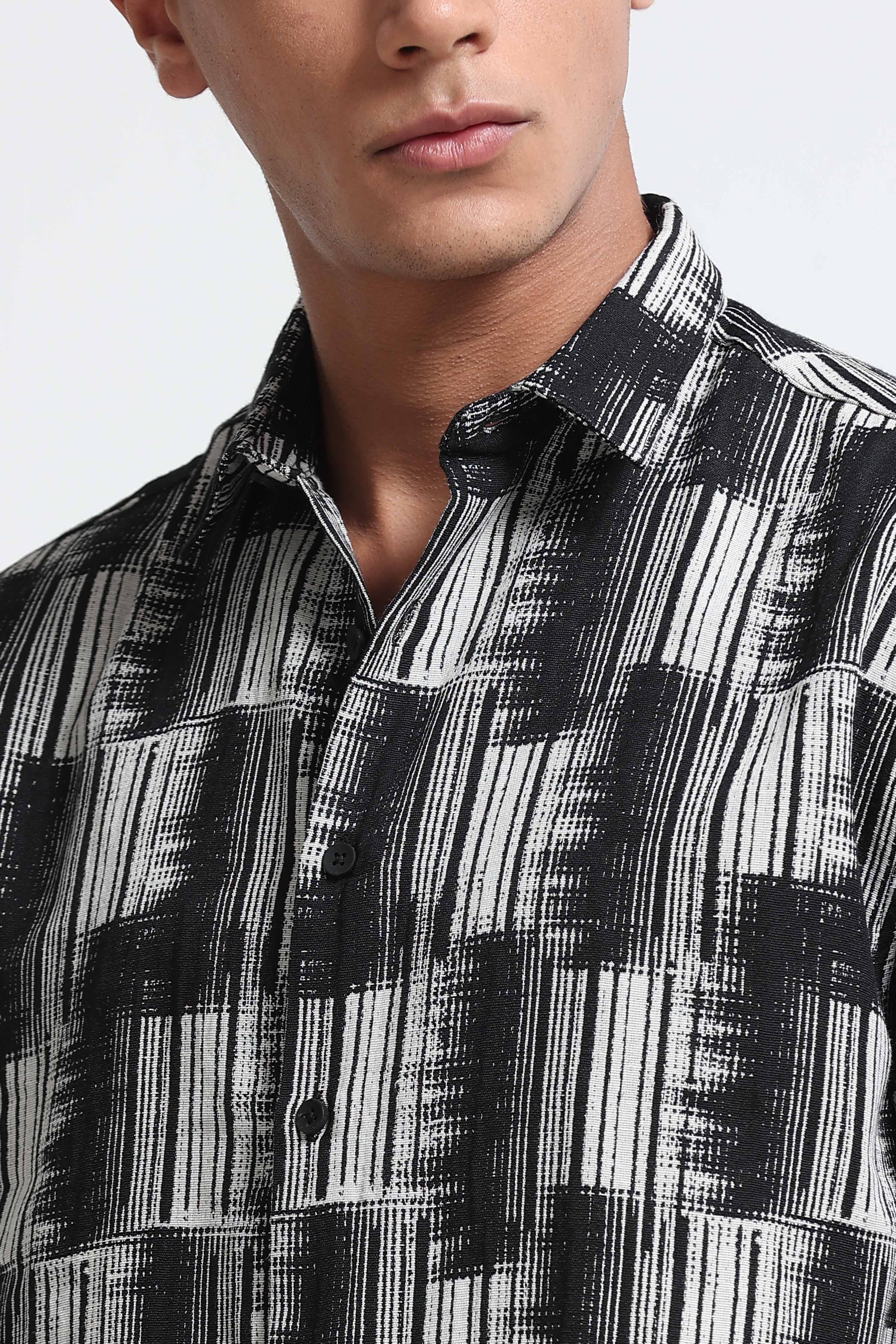 Men White Black Jacquard Boxy Fit Shirt