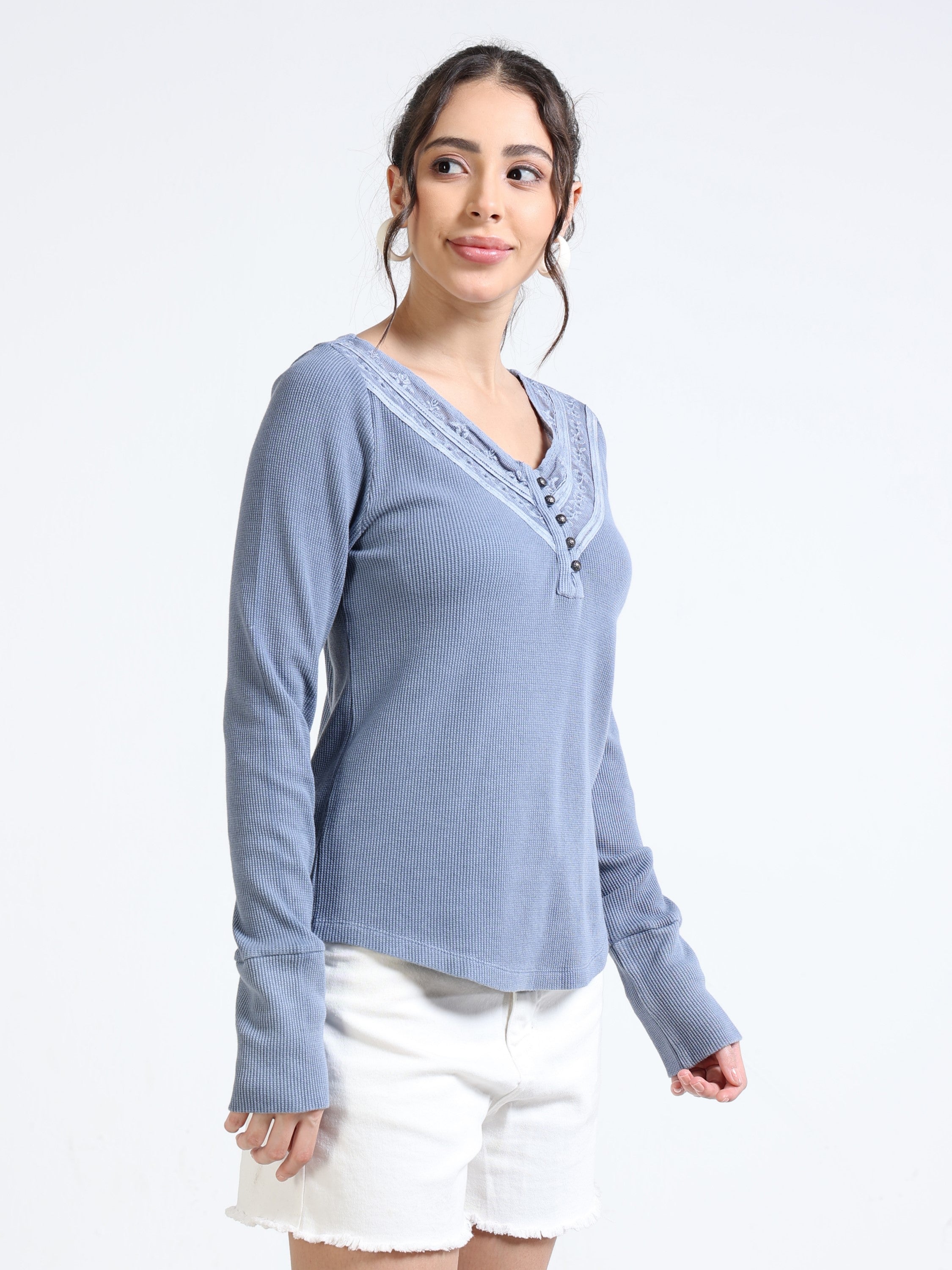 Women Blue Embroidered Washed Top