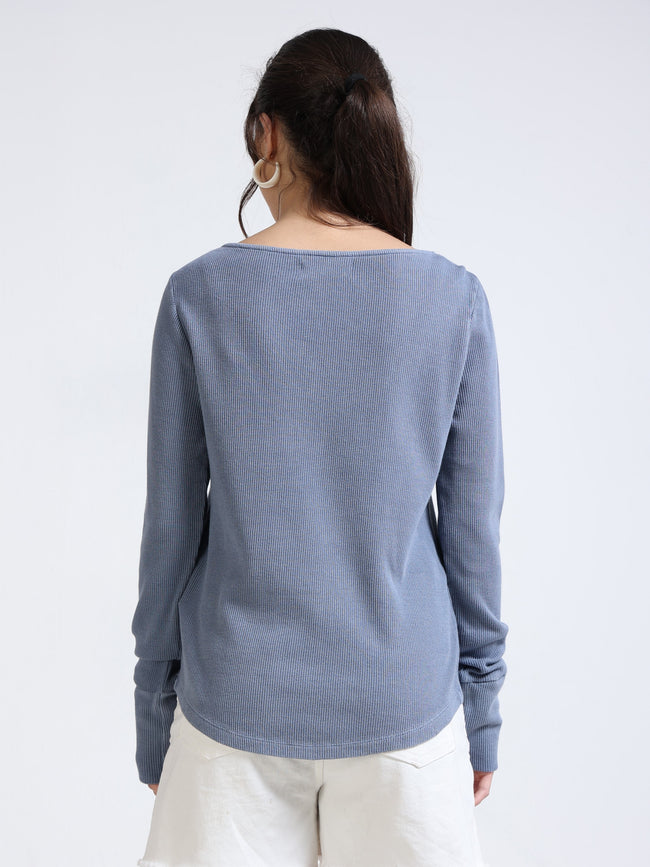 Women Blue Embroidered Washed Top