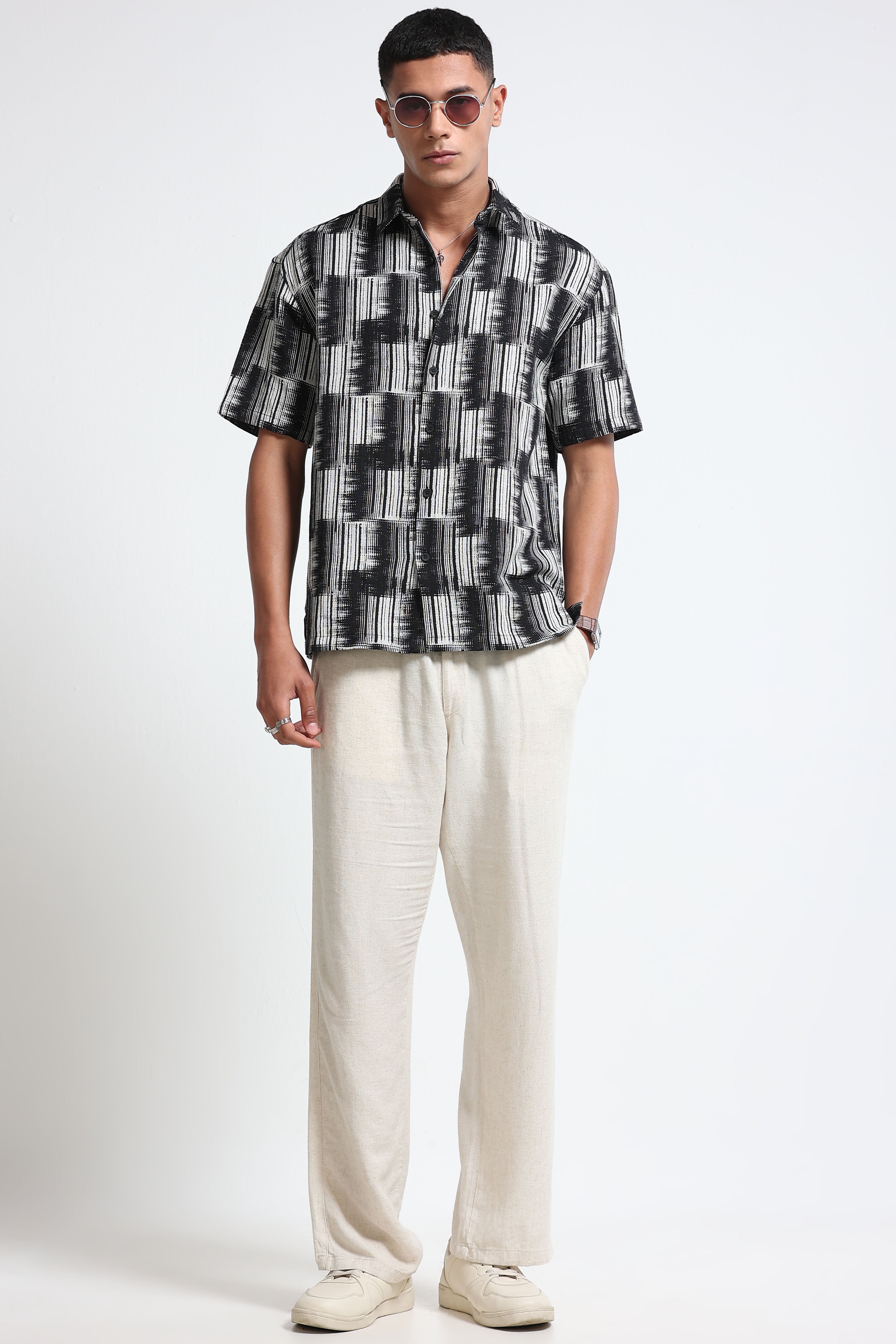Men White Black Jacquard Boxy Fit Shirt