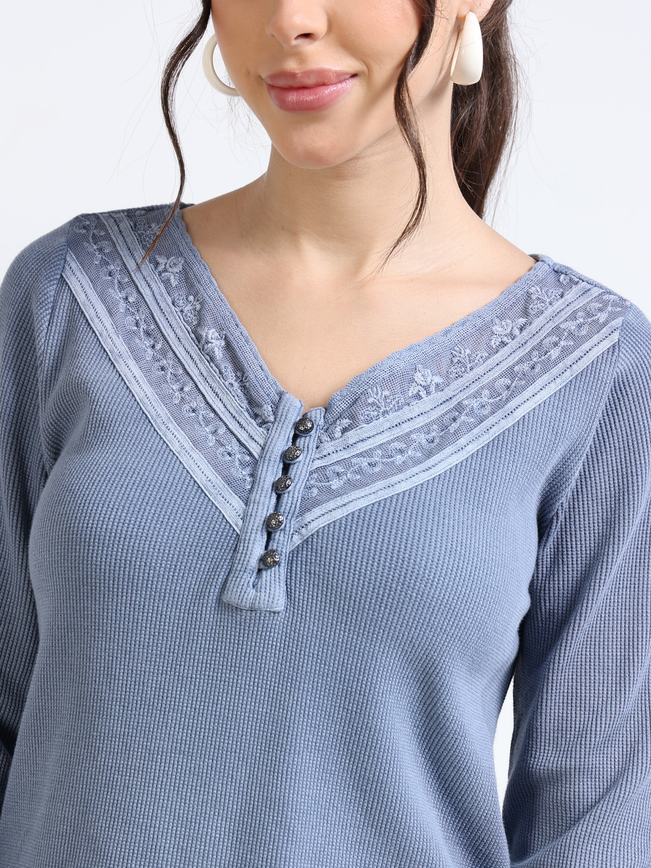 Women Blue Embroidered Washed Top
