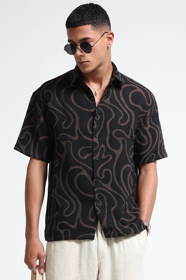 Men Beige Black Jacquard Boxy Fit Shirt