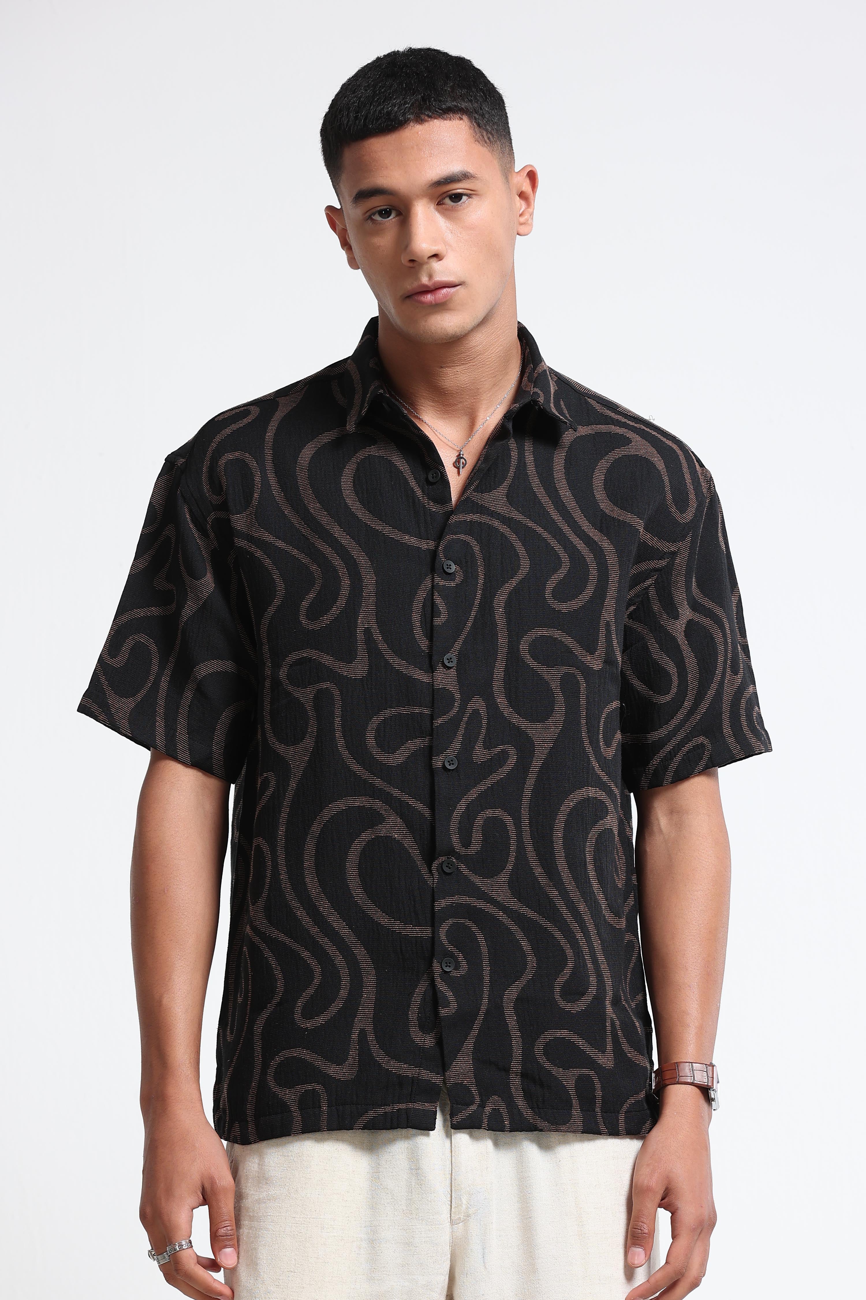 Men Beige Black Jacquard Boxy Fit Shirt