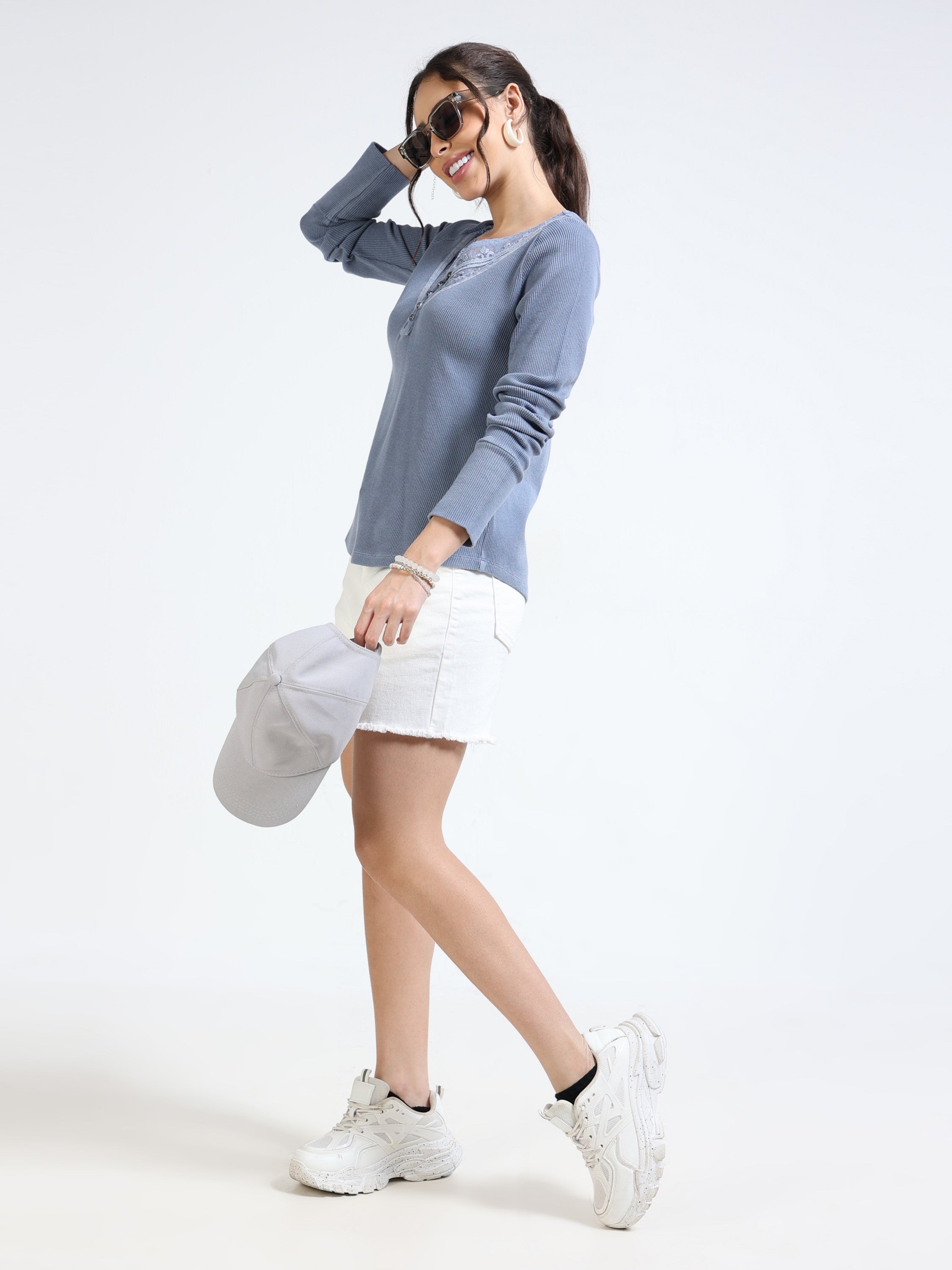 Women Blue Embroidered Washed Top