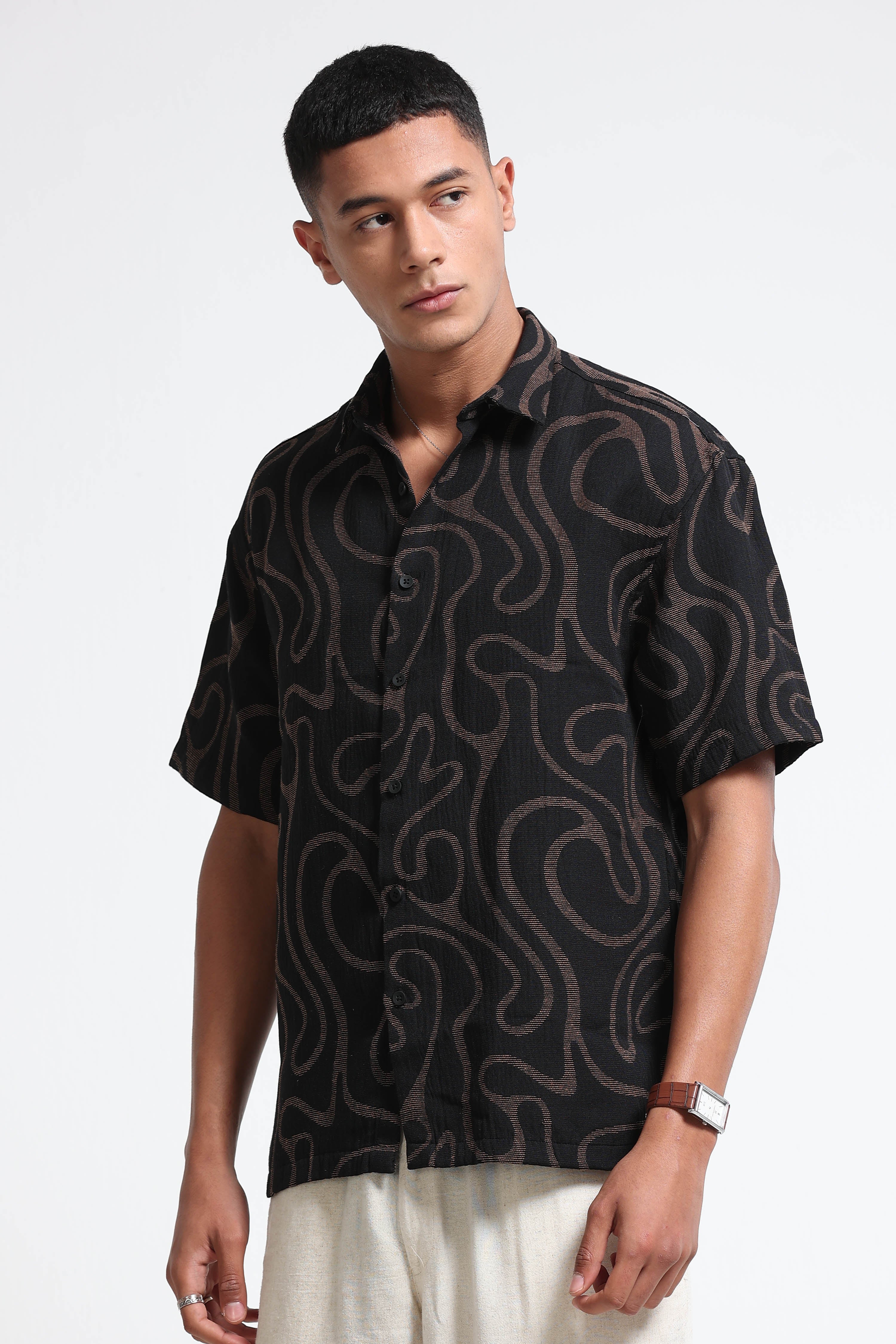 Men Beige Black Jacquard Boxy Fit Shirt