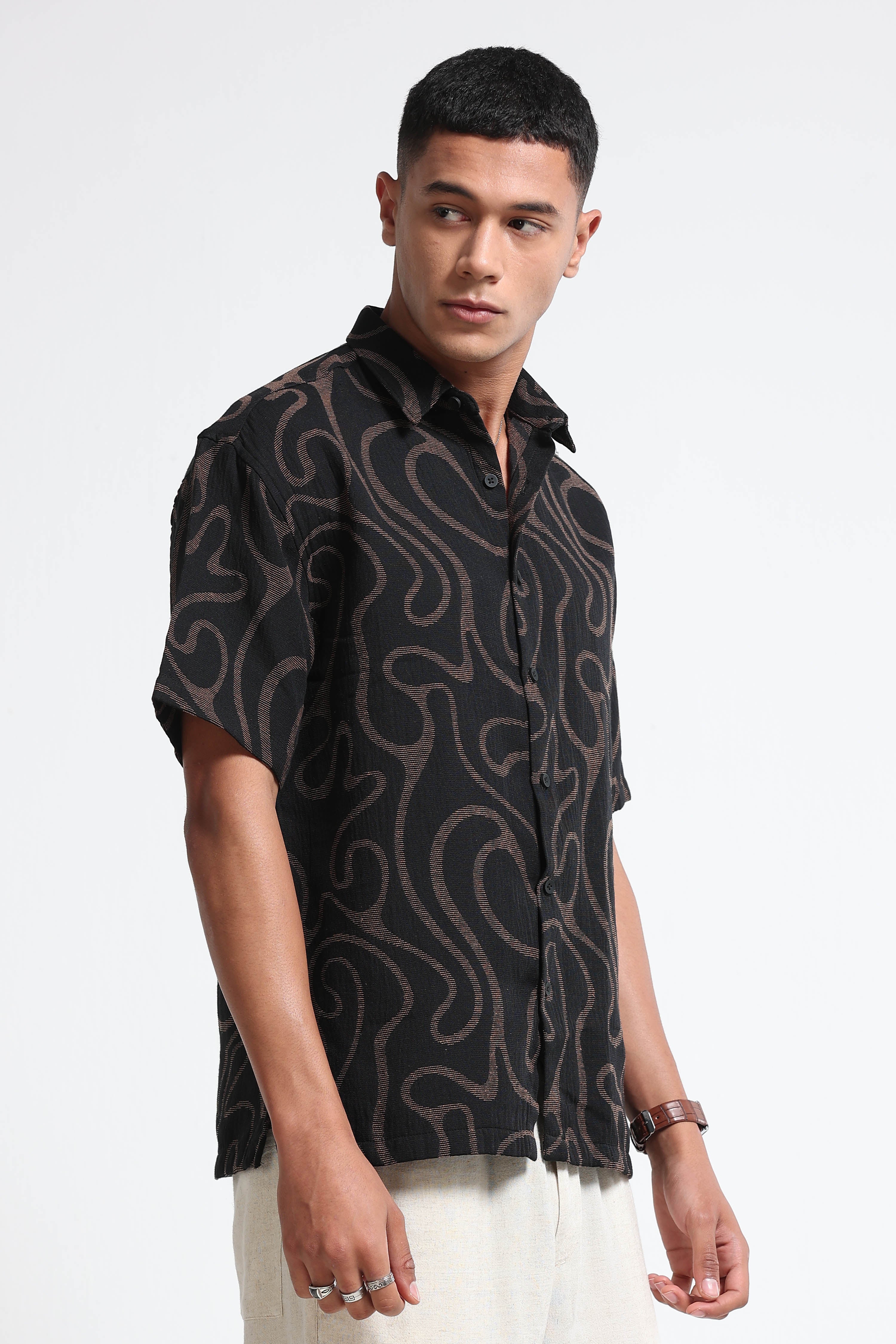 Men Beige Black Jacquard Boxy Fit Shirt