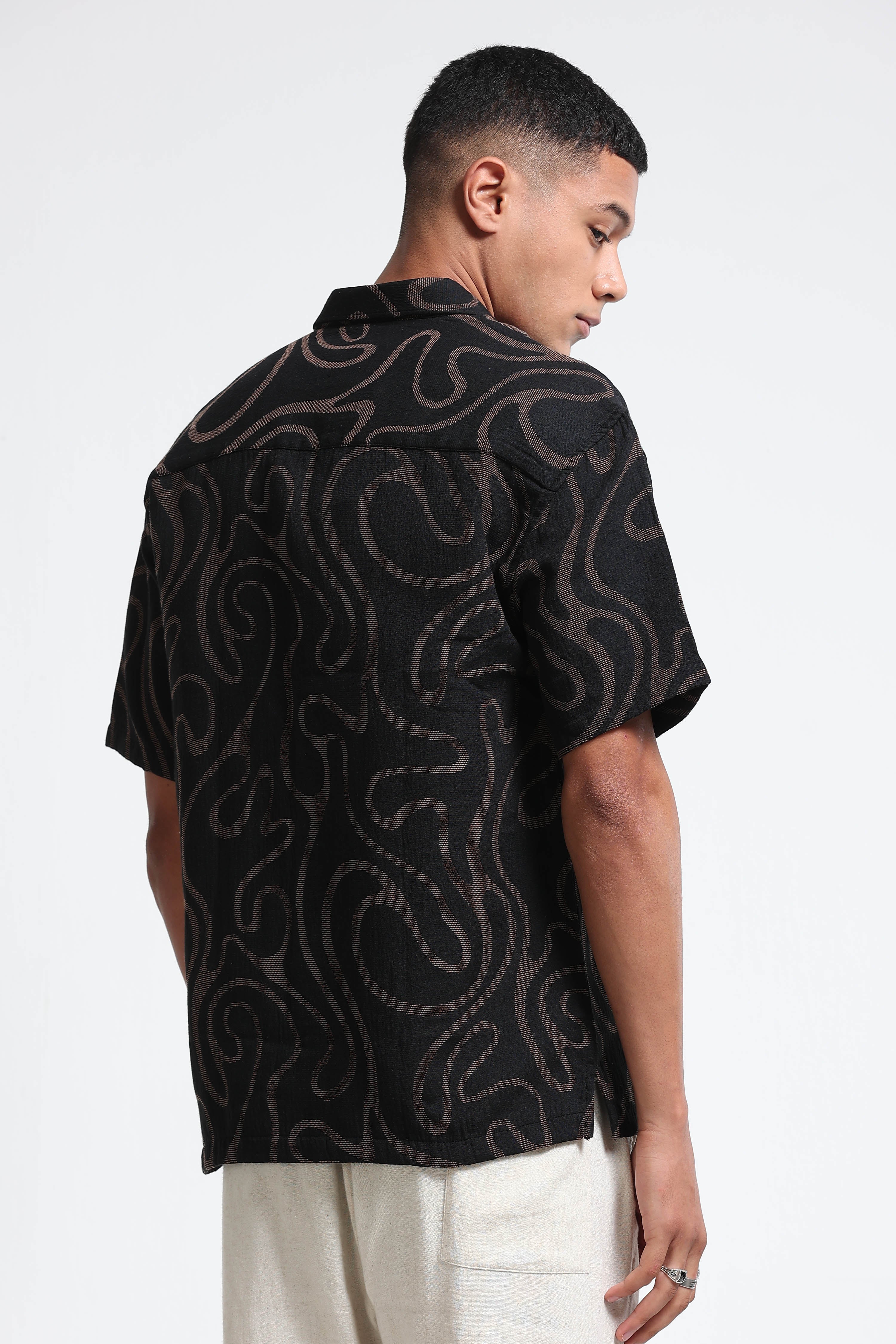Men Beige Black Jacquard Boxy Fit Shirt